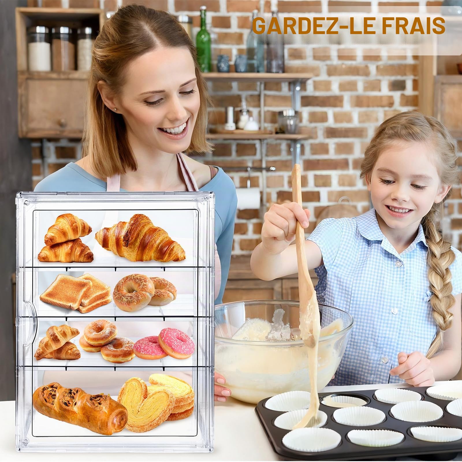 Présentoir à pâtisseries, boîte à pain pour comptoir de cuisine, 4 niveaux réglables, transparent, avec porte magnétique, présentoir pour comptoir de cuisine, support à pain