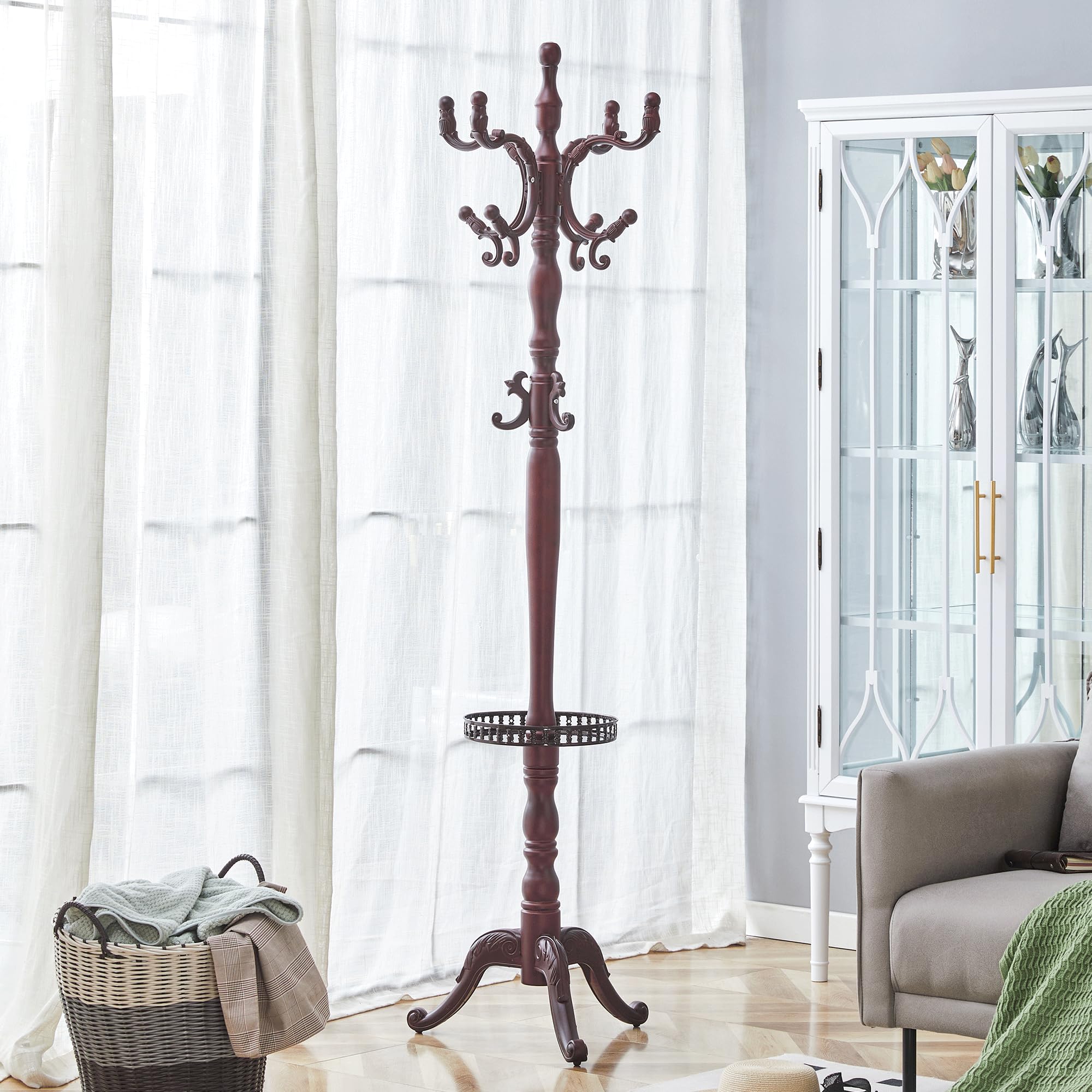 Perchero de Pie de Madera Maciza, Estilo Europeo para Pasillo, Nogal, 195 cm