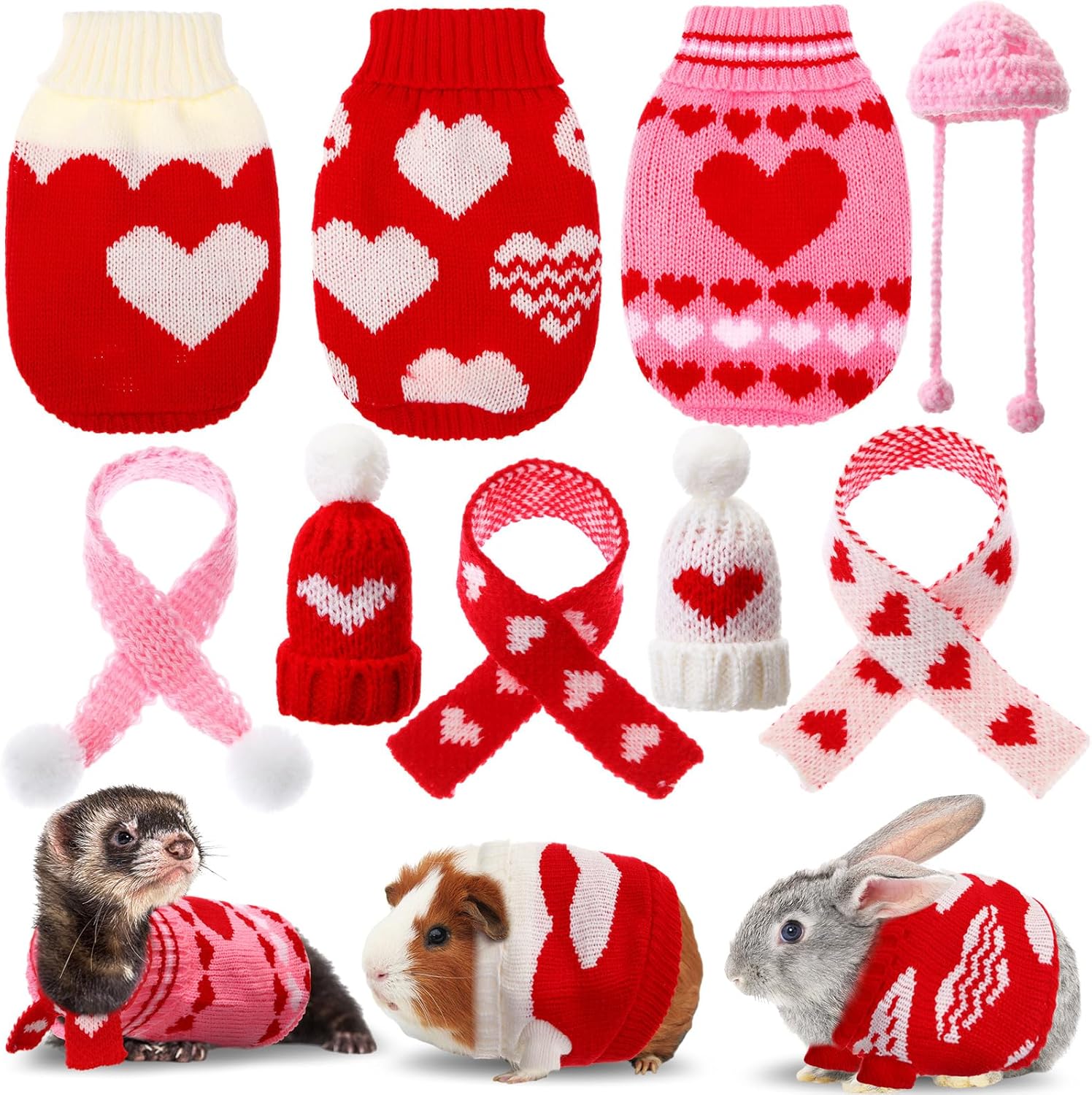 Set de 3 ropa para pequeños animales + sombreros y bufandas