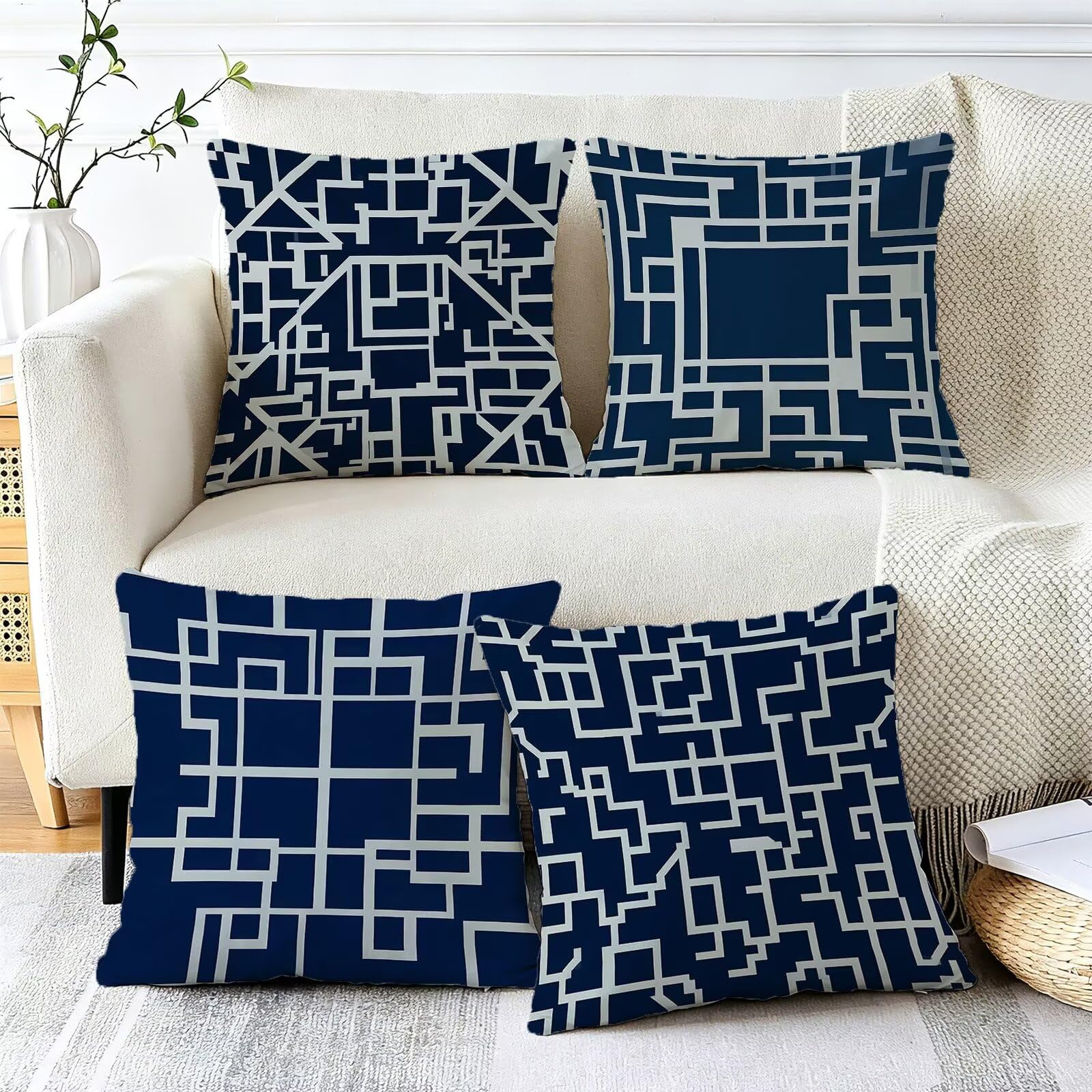 Blu Federe Cuscini Divano 60x60cm, Cuscini da Esterno Set de 4, Cod-44 | Lin Copricuscini Decorativi Letto Arredo, per Letto, Soggiorno, Giardino, Esterno, Casa Decorazione Set di 4 Astratto