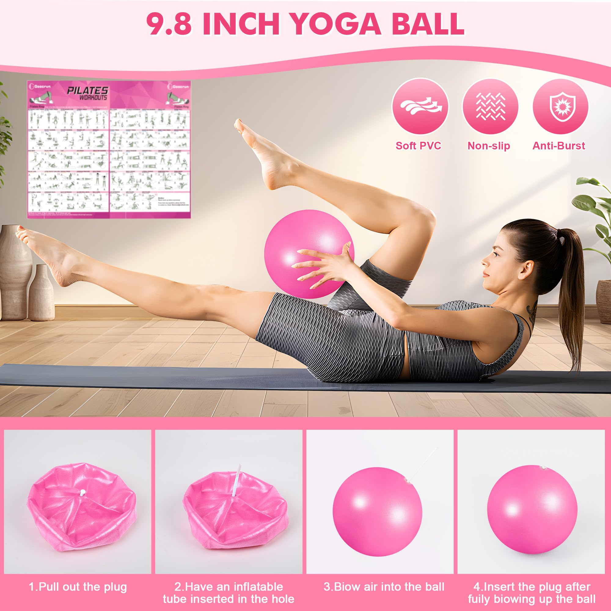 Goocrun Ensemble d'anneaux de Pilates avec bandes de résistance, ballon et disque de glissement