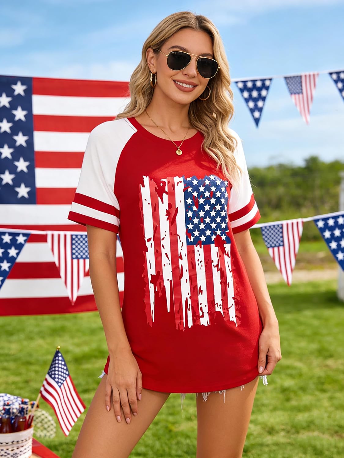 Barlver Womens American Flag Shirt Short Sleeve 4th of July Flag Top Loose Patriotic Independence Day T-Shirts S-XXL