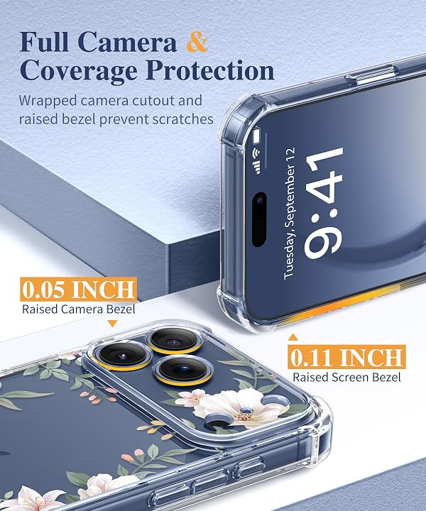 GVIEWIN for iPhone 17 Pro Case, with Screen Protector+Full Camera Protection, [NonYellowing] Clear Floral Slim Shockproof Protective Women Phone Case for iPhone 17 Pro 6.3", Magnolia/White by GVIEWIN - Used condition - Image 6