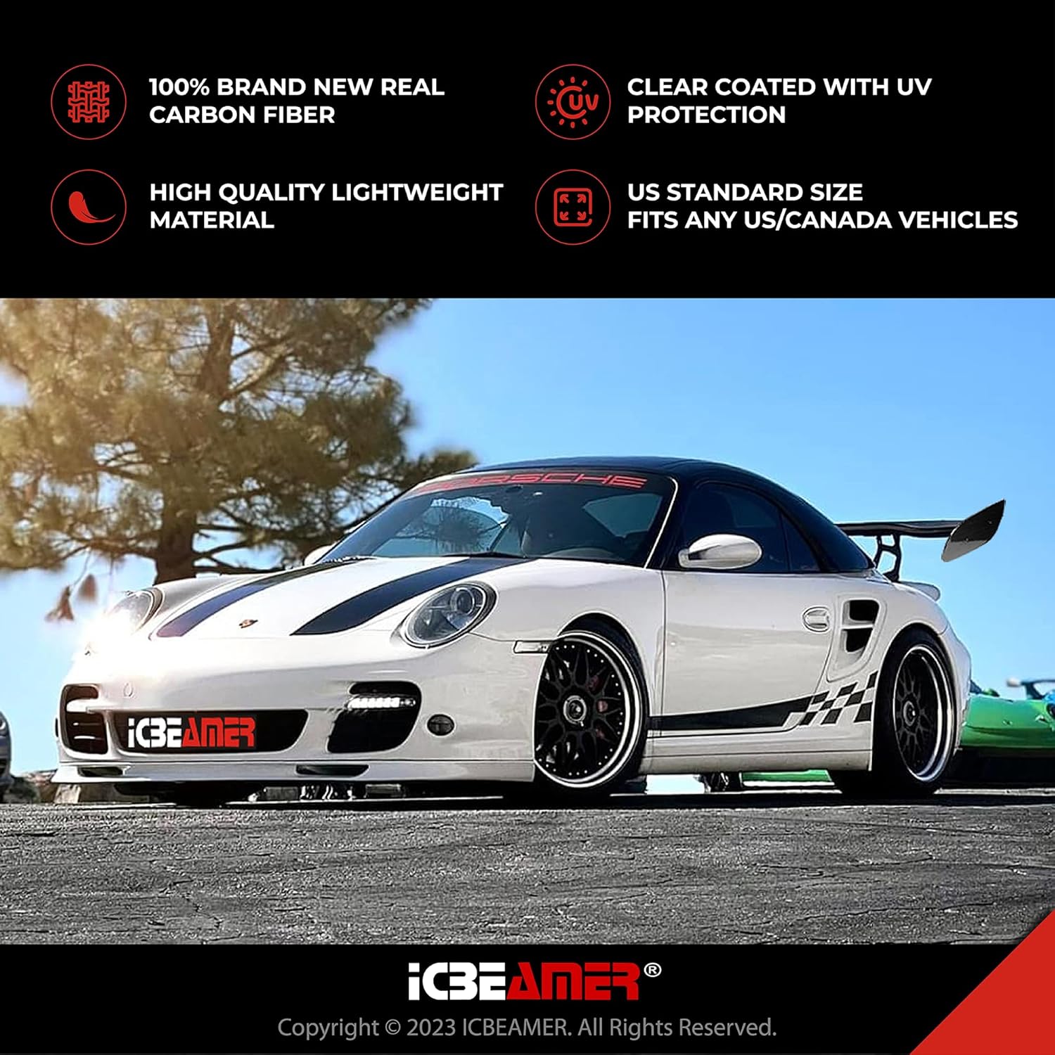 ICBEAMER GT Wing Universal Fit 3D Carbon Fiber Rear Trunk Deck Spoiler with Accessories Kit (57" Length / 7" Bracket Height)