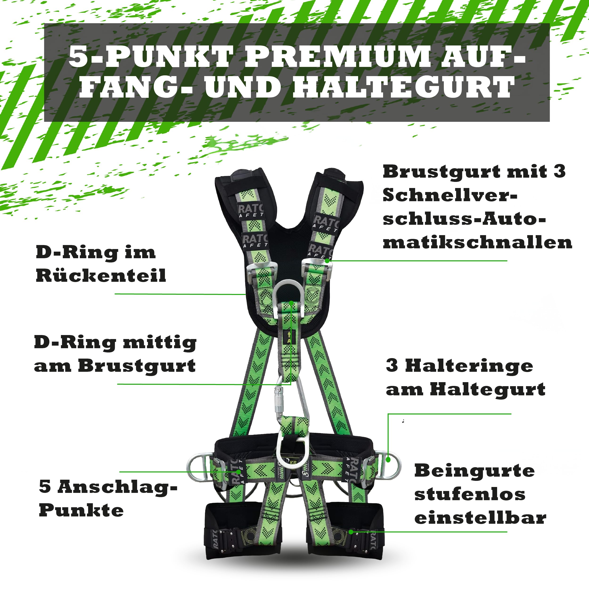 Safetytex 5-Punkt Premium Auffang- und Haltegurt - Fallschutz EN 361 EN 358 EN 813 - Bandfalldämpfer Tragkraft 140 kg - Absturzsicherung