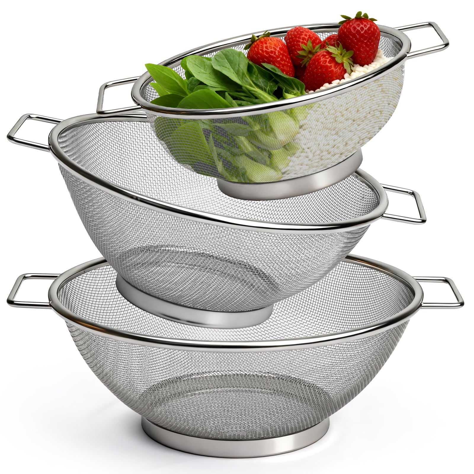Set 3 Scolapasta in Acciaio Inox con Manici, Micro-Perforato per Drenaggio Veloce, Scolapasta per Pasta, Riso, Verdura e Frutta, Forte e durevole, Facile da Pulire (18/22/24 cm)