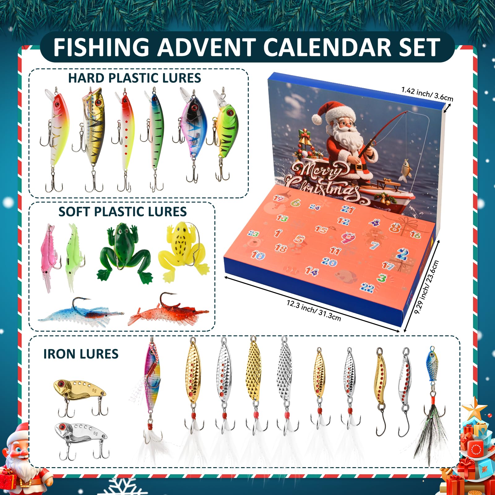 CalendarioAvventoPesca 2025 Calendario dell'Avvento di Natale, 24 Set di Esche da Pesca Calendario dell'Avvento Regalo per Pescatori Adulti, Uomini, Ragazzi