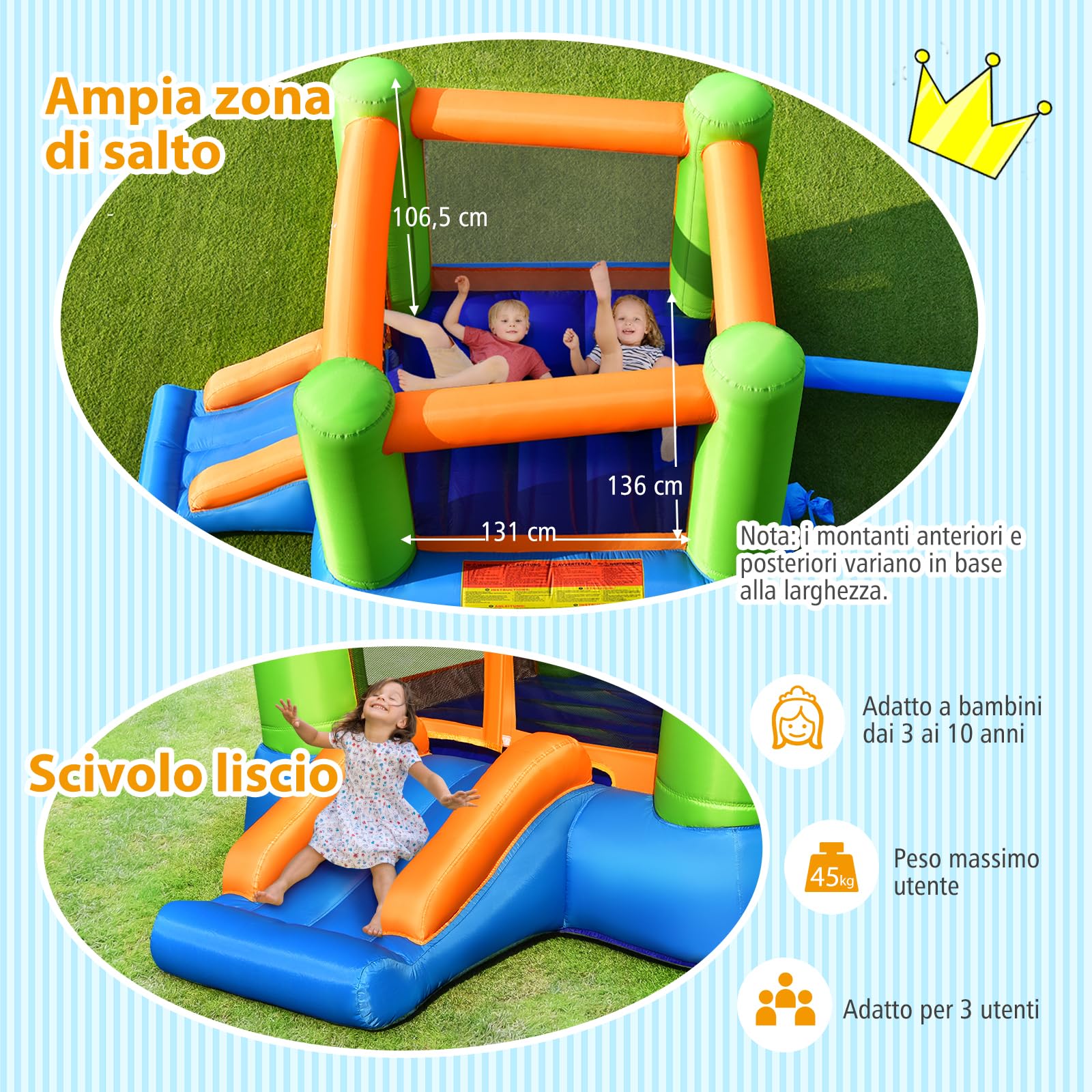 COSTWAY Castello Gonfiabile Per Bambini, Casa Gonfiabile con Grande Area per Saltare e Scivolo, Con Borsa di Trasporto e Kit Riparazione, Ideale Per 3 Bambini 3-10 Anni (Senza soffiatore)