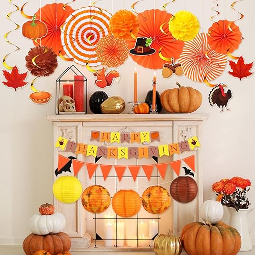 Miniatura 5 de 28 piezas de decoración de fiesta de otoño, suministros para fiesta de Acción de Gracias, incluye pancarta de Feliz Acción de Gracias, faroles de