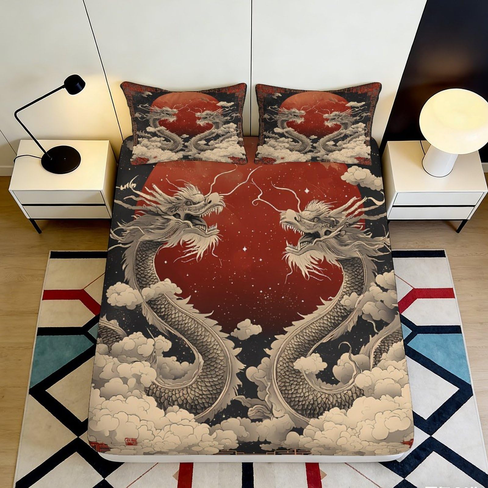Uxinyoume Style-3 3D Printed Oriental Dragon Fitted Sheet Microfiber Soft Red Cloud Bed Cover For Bedroom Dorm Mattress Protection Decor 90X200x25cm