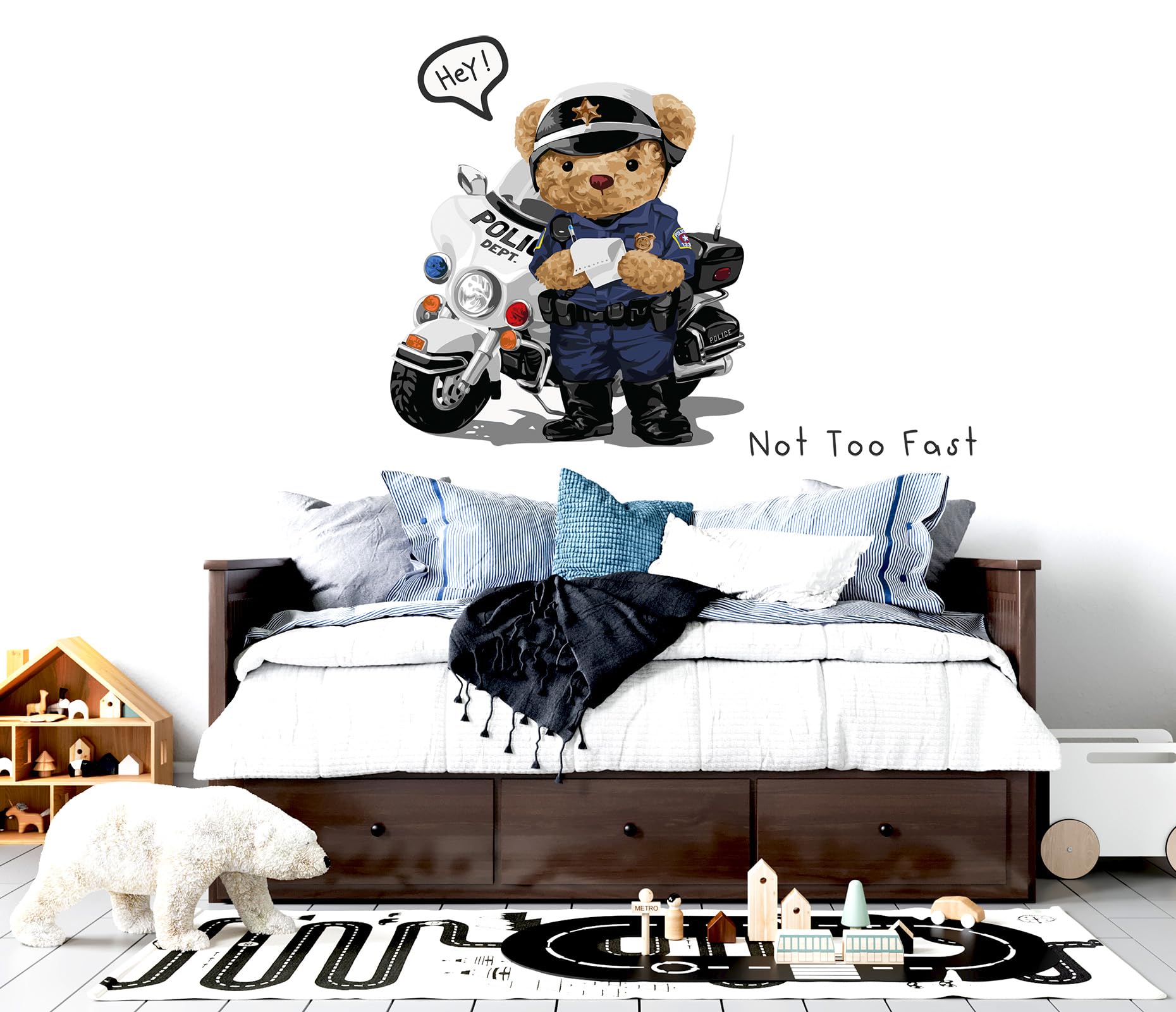 WONDER MURALS Wall Sticker Children's Room Police Bear on Motorcycle Decoration Girl Boy Wall Sticker Children's Wall Decoration Baby Room