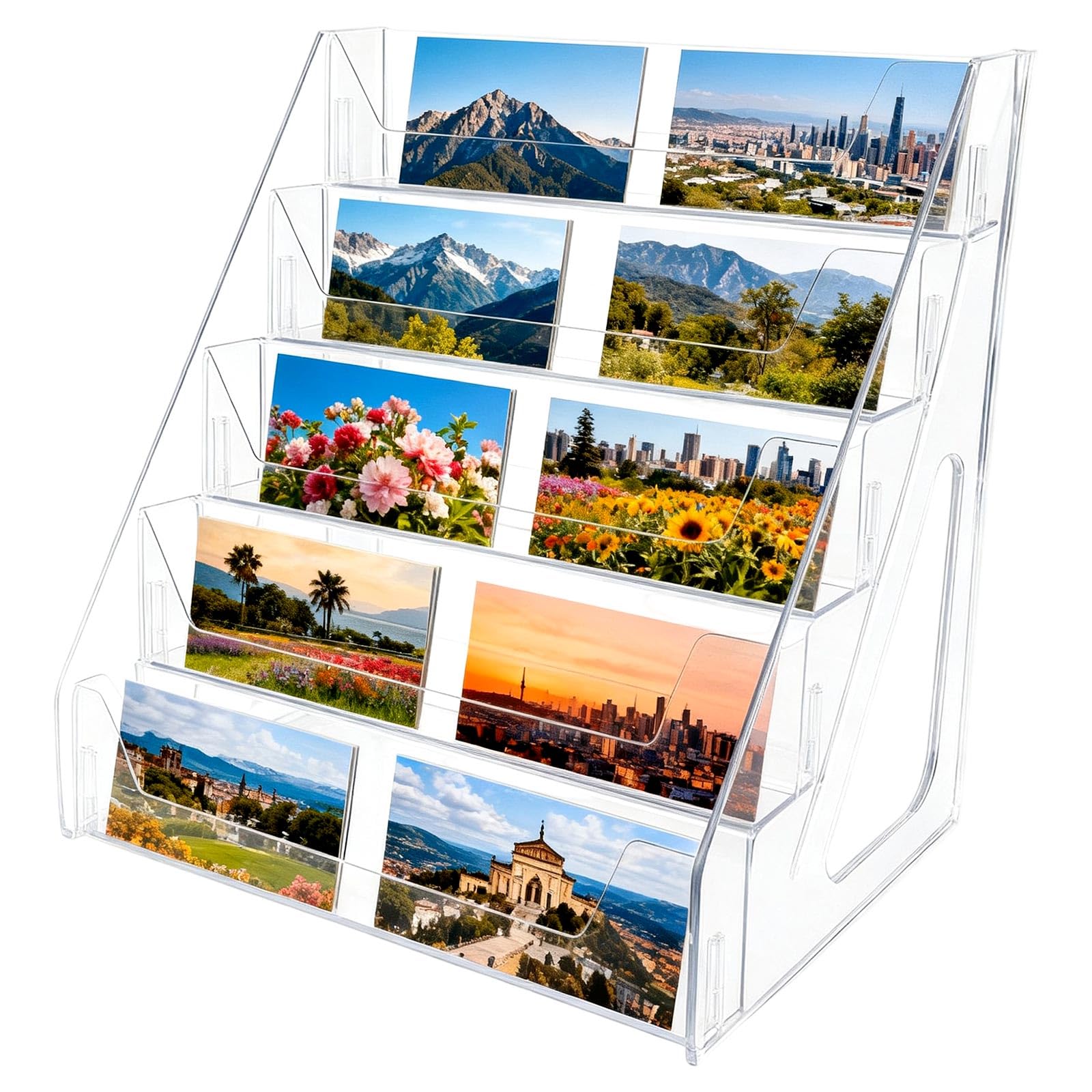 lasuroa 5-Tier Greeting Cards Display Stand, 30cm/11.8in Clear Tiered Trading Cards Holder, Multi-Purpose Organizer Rack for Postcards, Stickers, Brochures, Leaflets, Perfumes, Collectible Storage