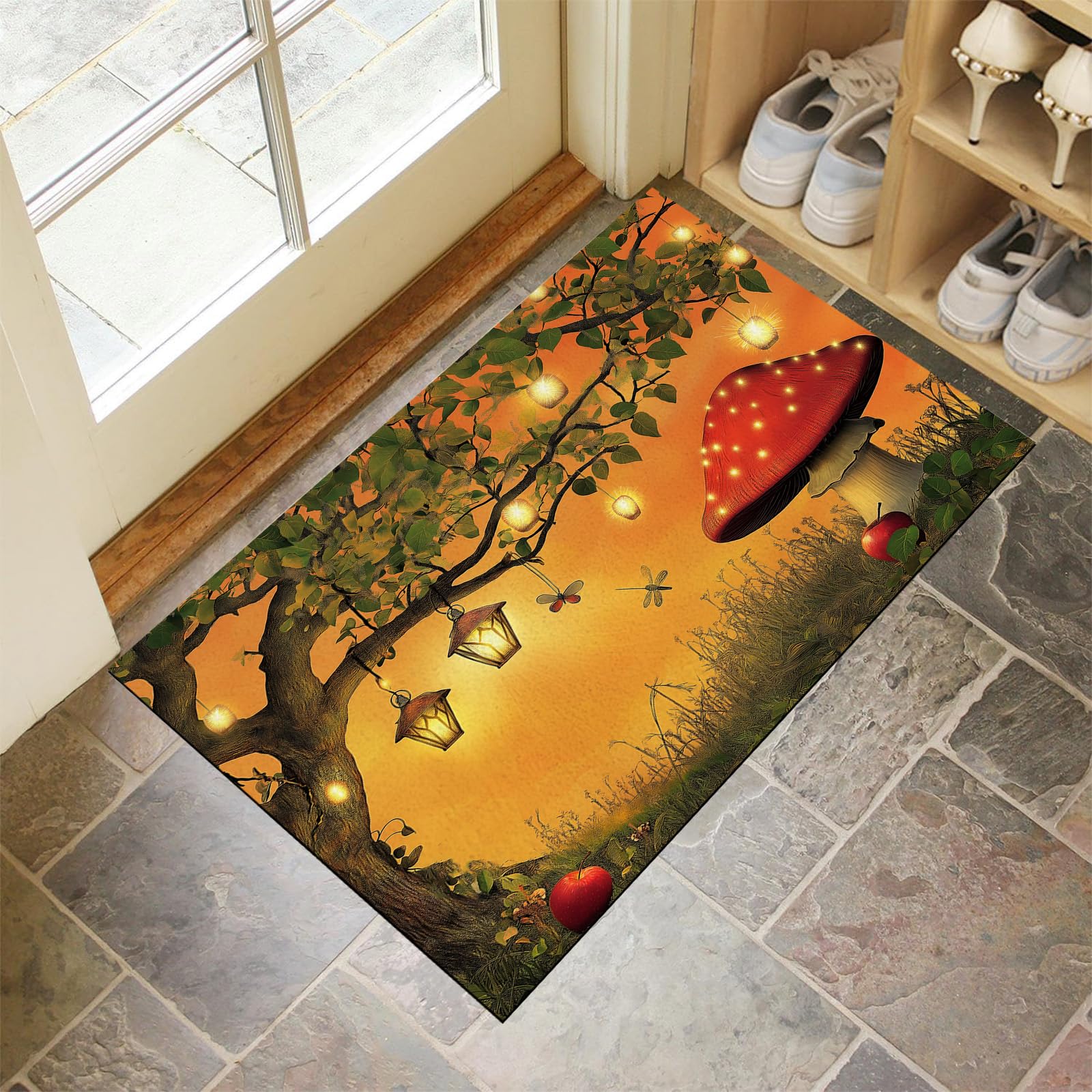 Tapis entrée orange coloré au motif de lanterne pour un accueil cosy