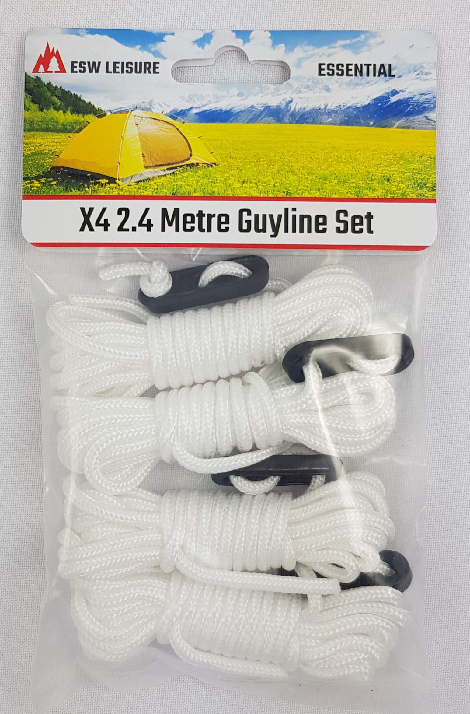 Esw Leisure White Guyline Ropes 4 Pack Tents Awning Camping Strong Lightweight Paracord Guy Rope With Tensioner Guy Lines Fishing Umbrella Shelter Bivvy Caravan Gazebo Tarp (, 2.4 Metre 4 Pack)