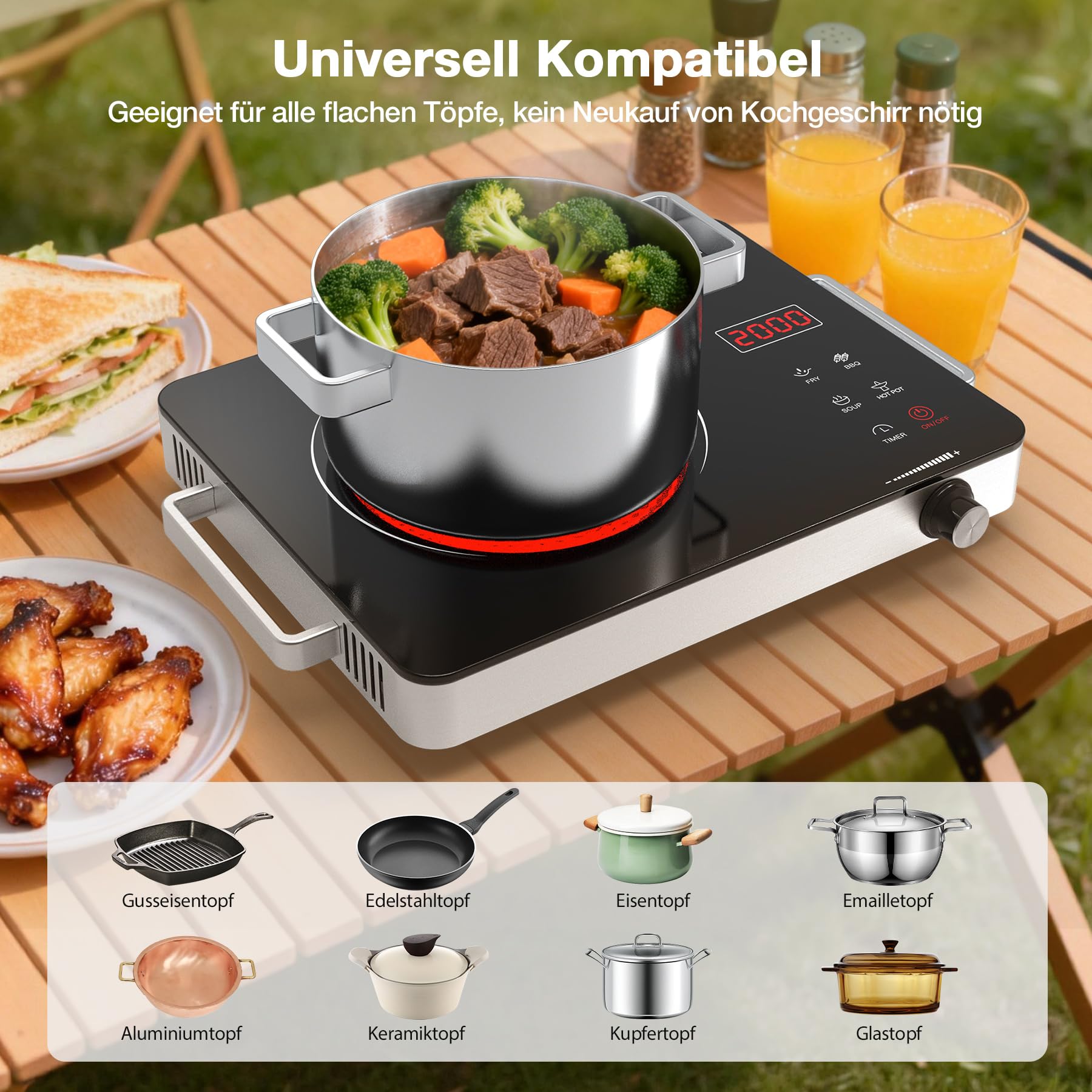 Glaskeramikkochfeld 2000W, Tragbare Kochplatte Elektrisch 1er 36 cm mit Isolierten Griffen, 4 Kochmodi & 4H-Timer, Kochplatte Infrarot für Alle Töpfe, Tisch, Balkon und Camping
