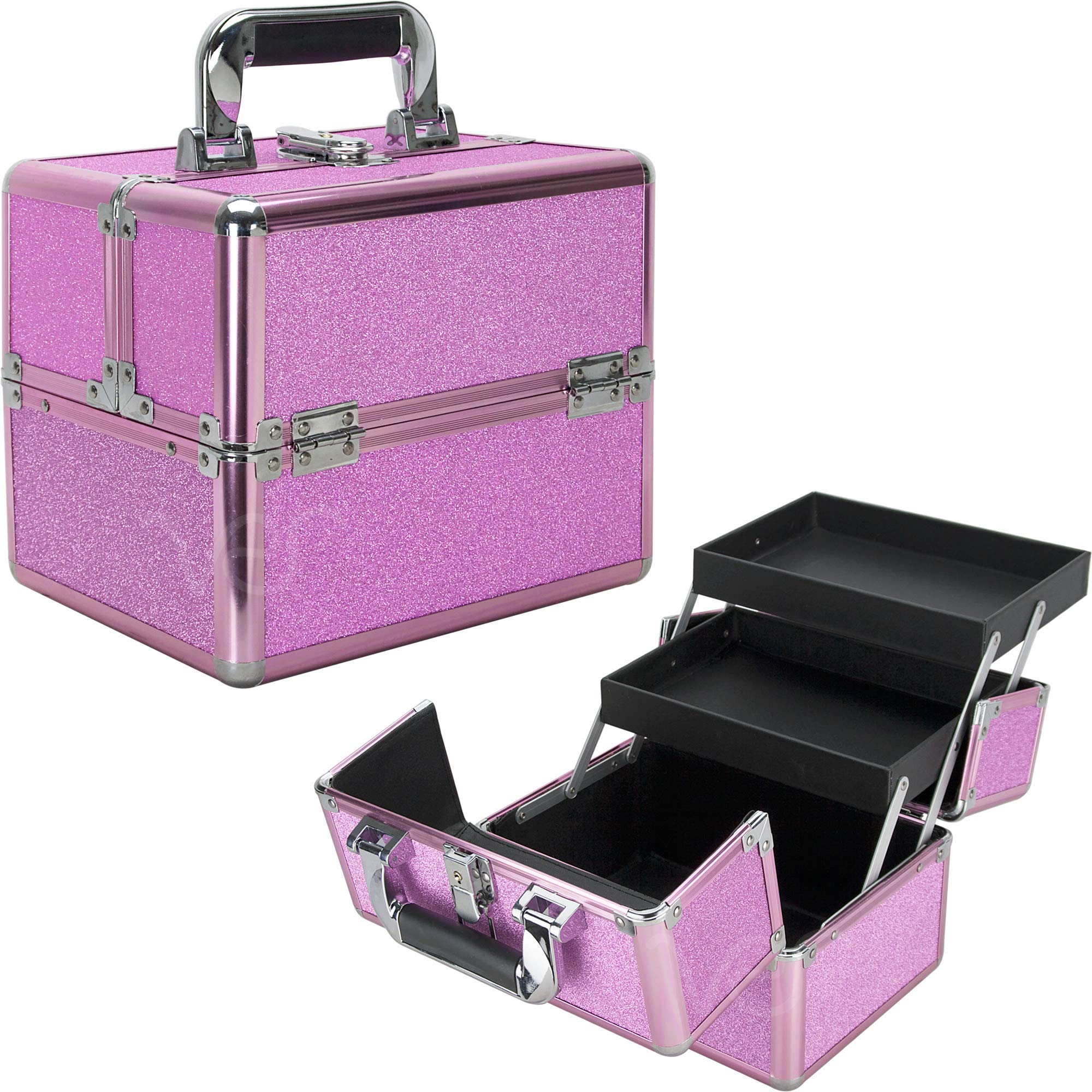 2-tiers Extendable Trays Cosmetic Makeup Train Case Organizer Travel - VK002, Margenta Glitter