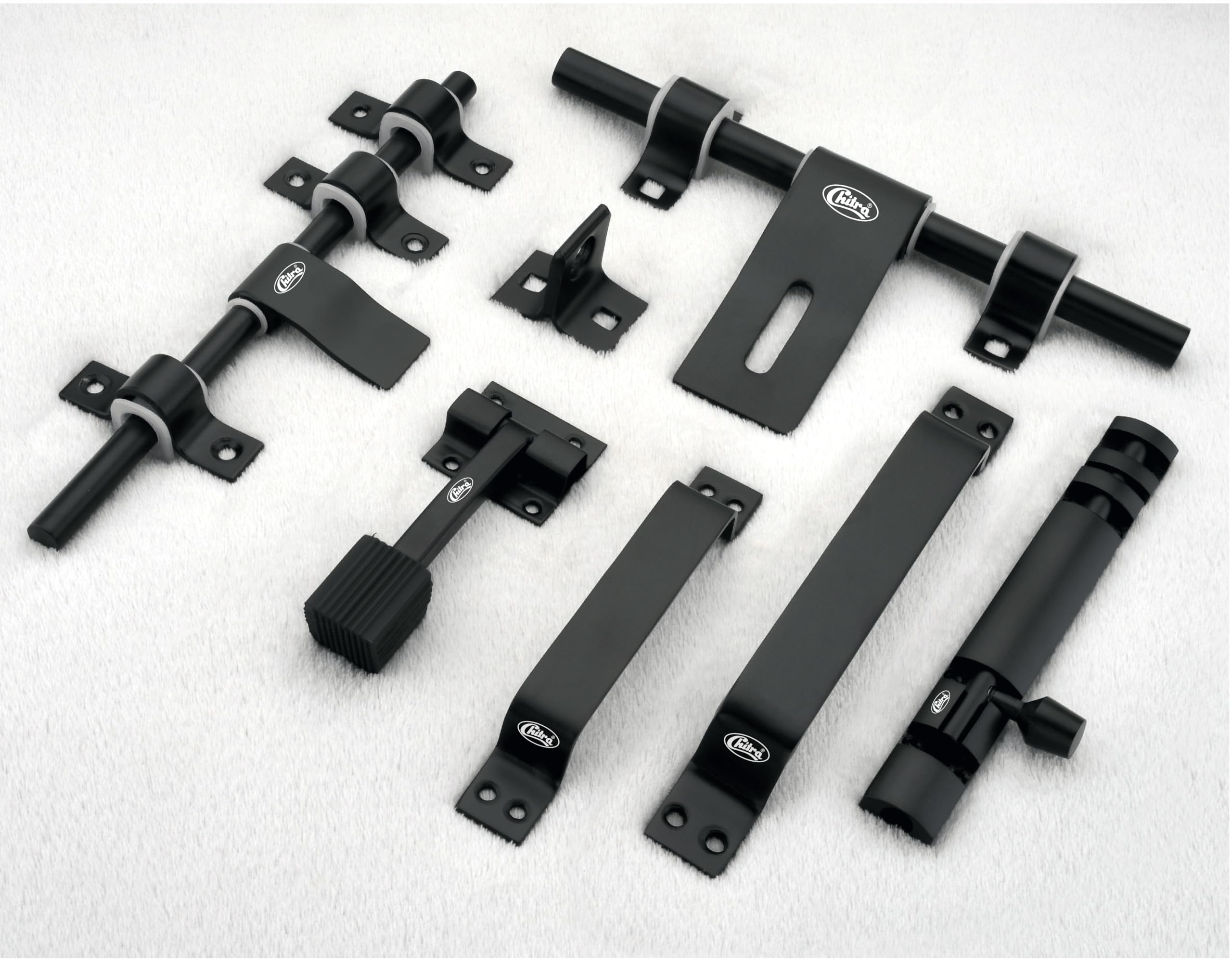 Chitra Wave Stainless Steel Heavy Door Fitting Accessories Full Set/Kit (1 Aldrop, 1 Latch, 2 Handles, 1 Tower Bolt and 1 Door Stopper) (10 Inch, Black)-image-22