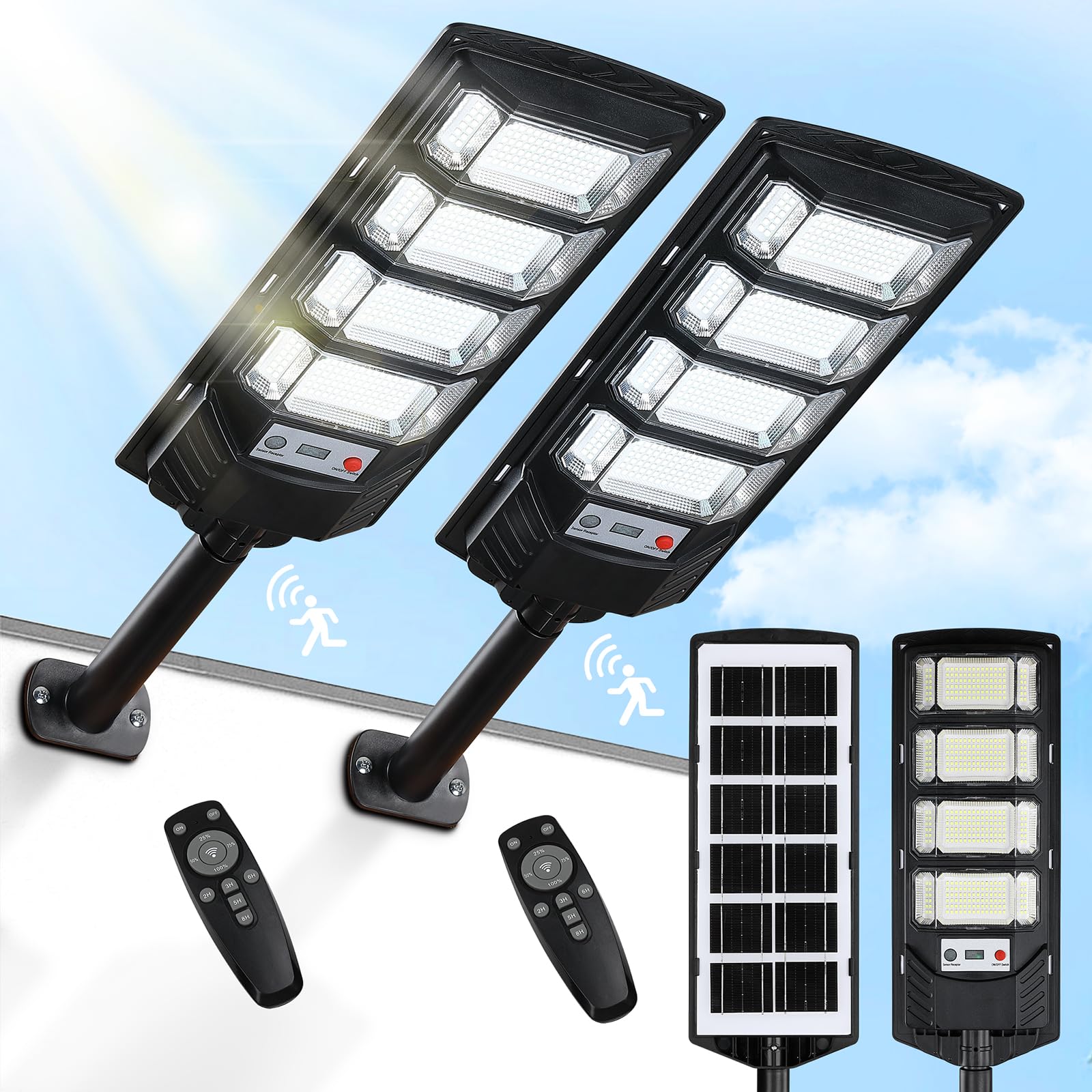 2 Pack Solar Street Lights Outdoor Waterproof 10000LM 6500K, Solar Light Outdoor Dusk to Dawn with Wide Angle Motion Sensor and Remote,Parking Lot