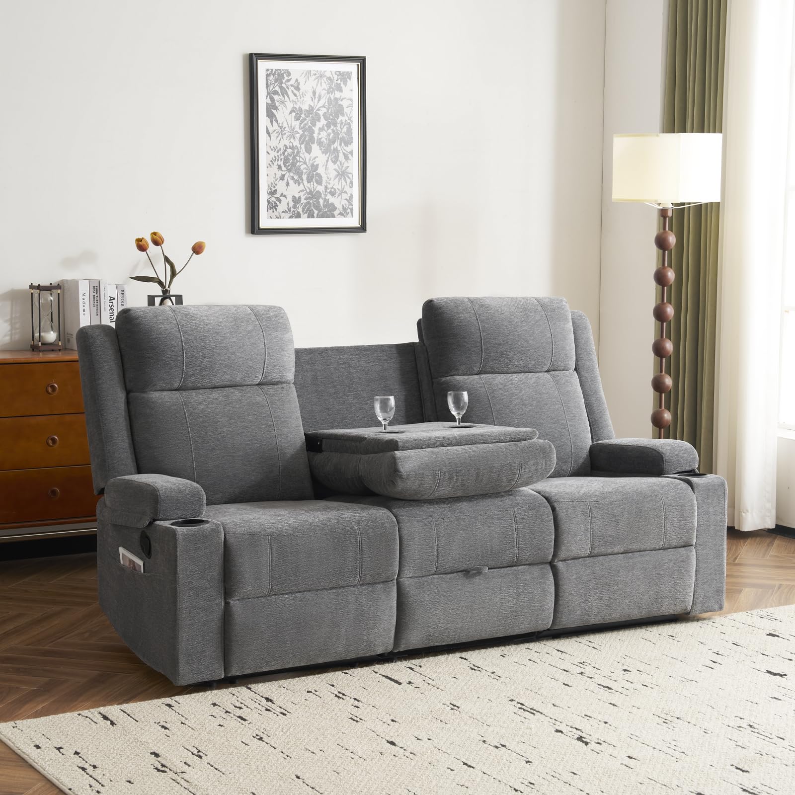 PALLOME Chenille Reclining Sofa 3-Seater with Convertible Table, Storage Ottoman & Cup Holders | Modern Space-Saving Couch, Ergonomic Living Room