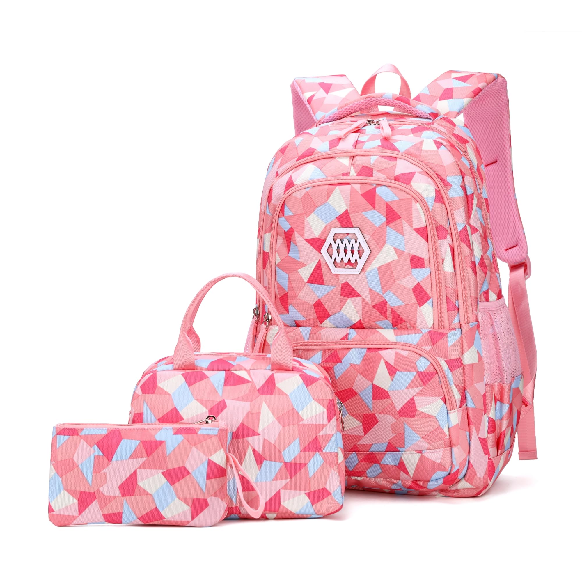 Bansusu 3Pcs Pink-a-3pcs Geometric Print Backpack and Lunch-Bag Set for Girls School Elementary Bookbags, 12.999.4418.89inch