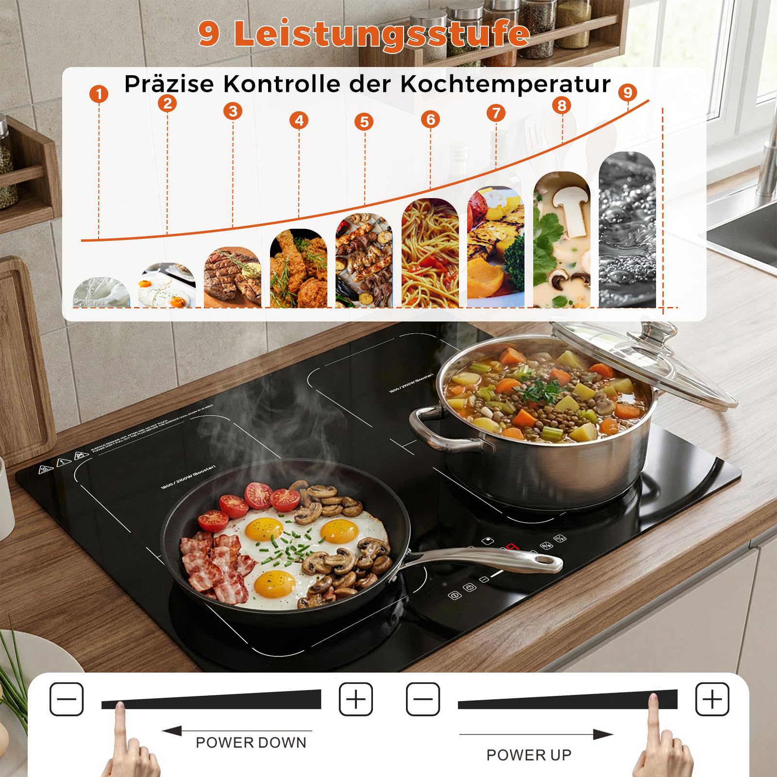 Topwish Induktionskochfeld 60cm, Induktionskochfeld 4 platte mit Zwei Flexzonen, Induktionskochplatte einbau mit Boost-Funktion, Timer, Kindersicherung, Überhitzungsschutz und Warmhalten,7200W - 5