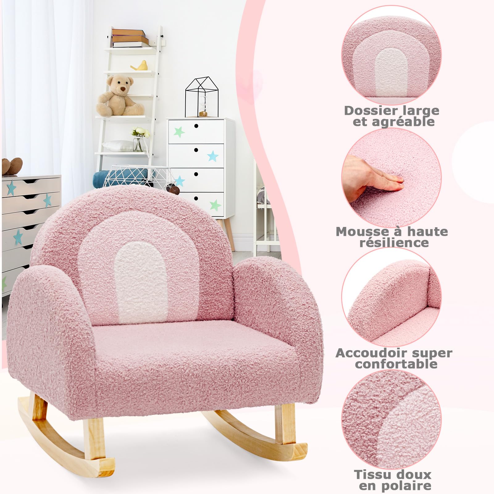 COSTWAY Fauteuil à Bascule Enfant en Peluche avec Dossier & Accoudoirs Confortable, Chaise à Bascule en Bois avec Joli Motif Arc-en-Ciel, Charge 50kg pour Garçon Fille de 3-5 Ans