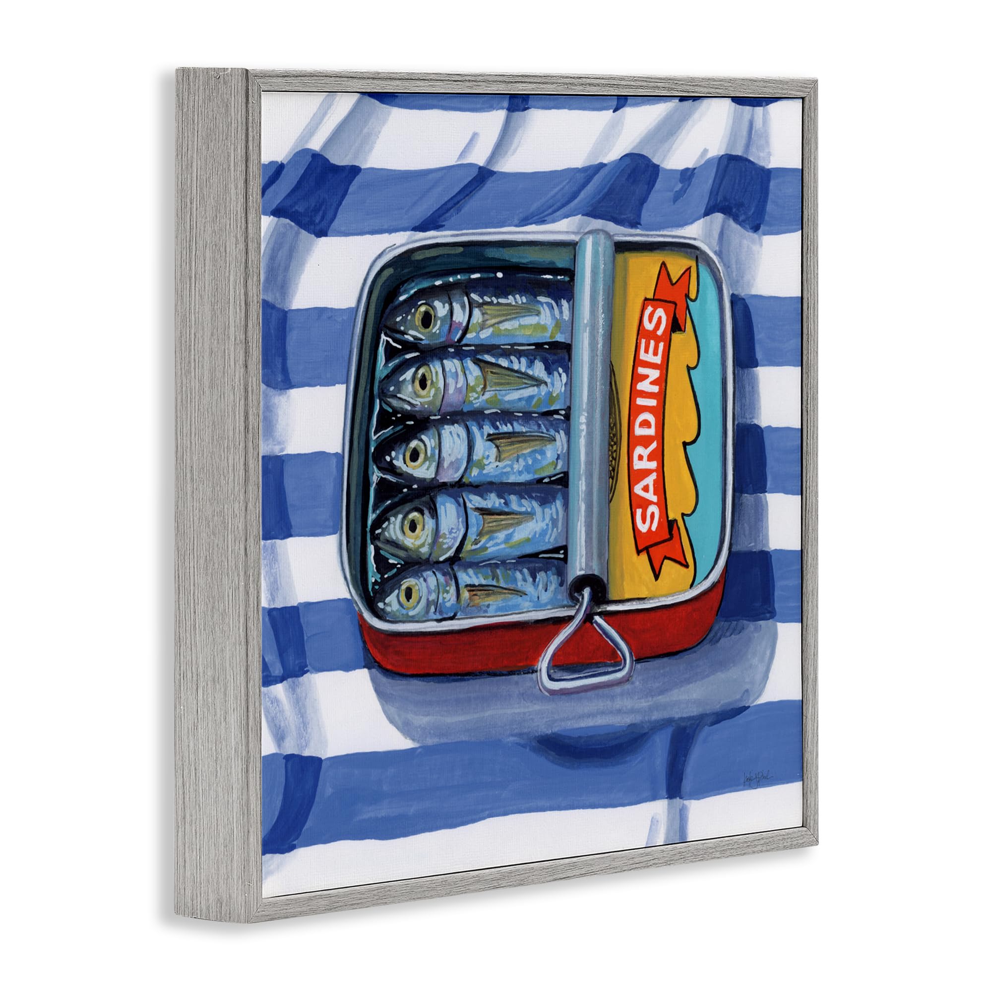 Stupell Industries Gerahmte Giclée-Kunst, "Sardinen auf gestreiftem Stoff", grau, 30,5 x 30,5 cm, einfach aufzuhängen und stabil, hergestellt in den USA, von Kate Jarvik Birch