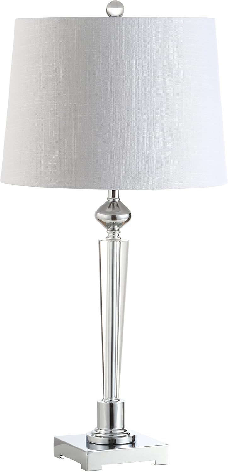 JONATHAN Y 28.25" Clear Crystal Table Lamp, Chrome Candlestick Base with White Linen Drum Shade, Traditional French Country Lamp for Living Room, LED Bulb Included JYL2051A