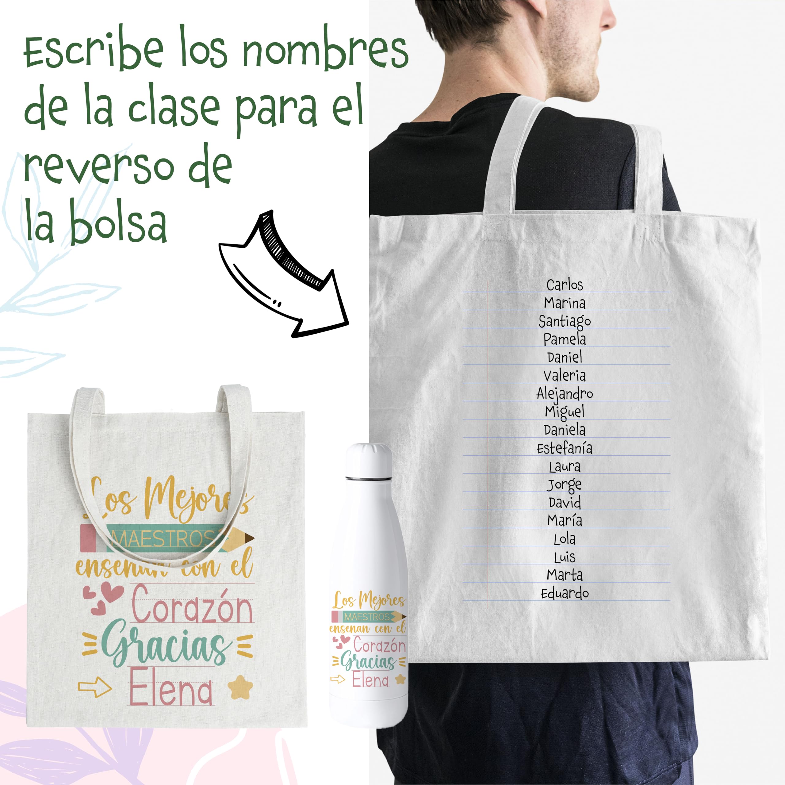 Regalos de Fin de Curso para Profesores, Tote Bag y Botella Térmica Profesora + Opción de Añadir Taza Personalizada | Regalos Profesores Personalizados, Regalo para Maestra de Infantil (Arco Iris)