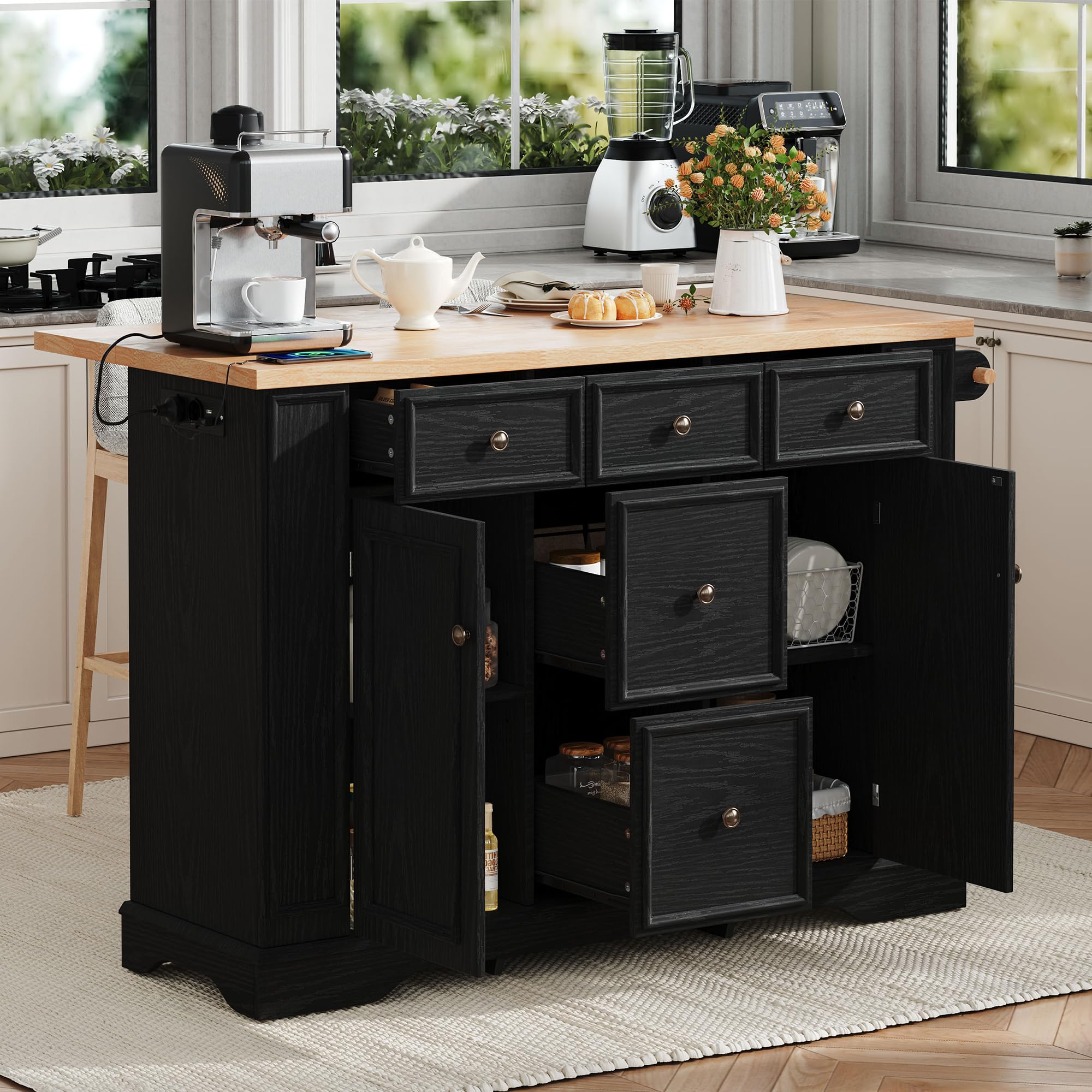 Isola da cucina con piano di lavoro espandibile, prese e USB, ripiani regolabili, 5 cassetti, 130,5 x 40-65 cm, nero