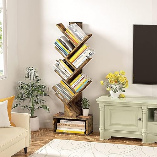 Miniatura 7 de Hoctieon Estantería de árbol de 6 niveles, estantería alta con cajón, estante independiente para libros, estante de almacenamiento de pie de