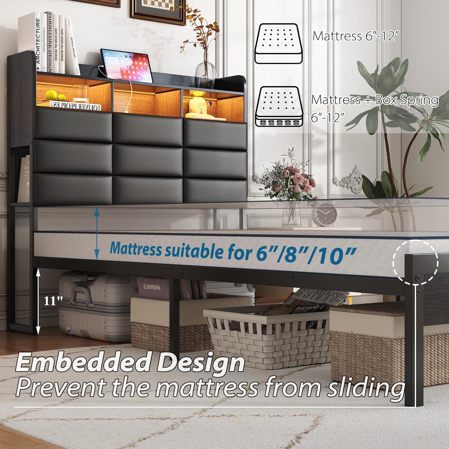 Twin Bed Frame with Storage Headboard and 2 Hidden Drawers, Upholstered Metal Bed Frame with LED Lights, Charging Station, Heavy-Duty Metal Slats Support, Noise-Free, Black