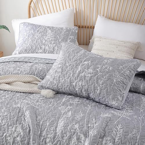 Miniatura 3 de JANZAA Juego de edredón de 3 piezas, tamaño Queen, diseño botánico de microfibra ligera, reversible, 1 edredón tamaño Queen y 2 fundas de almohada,