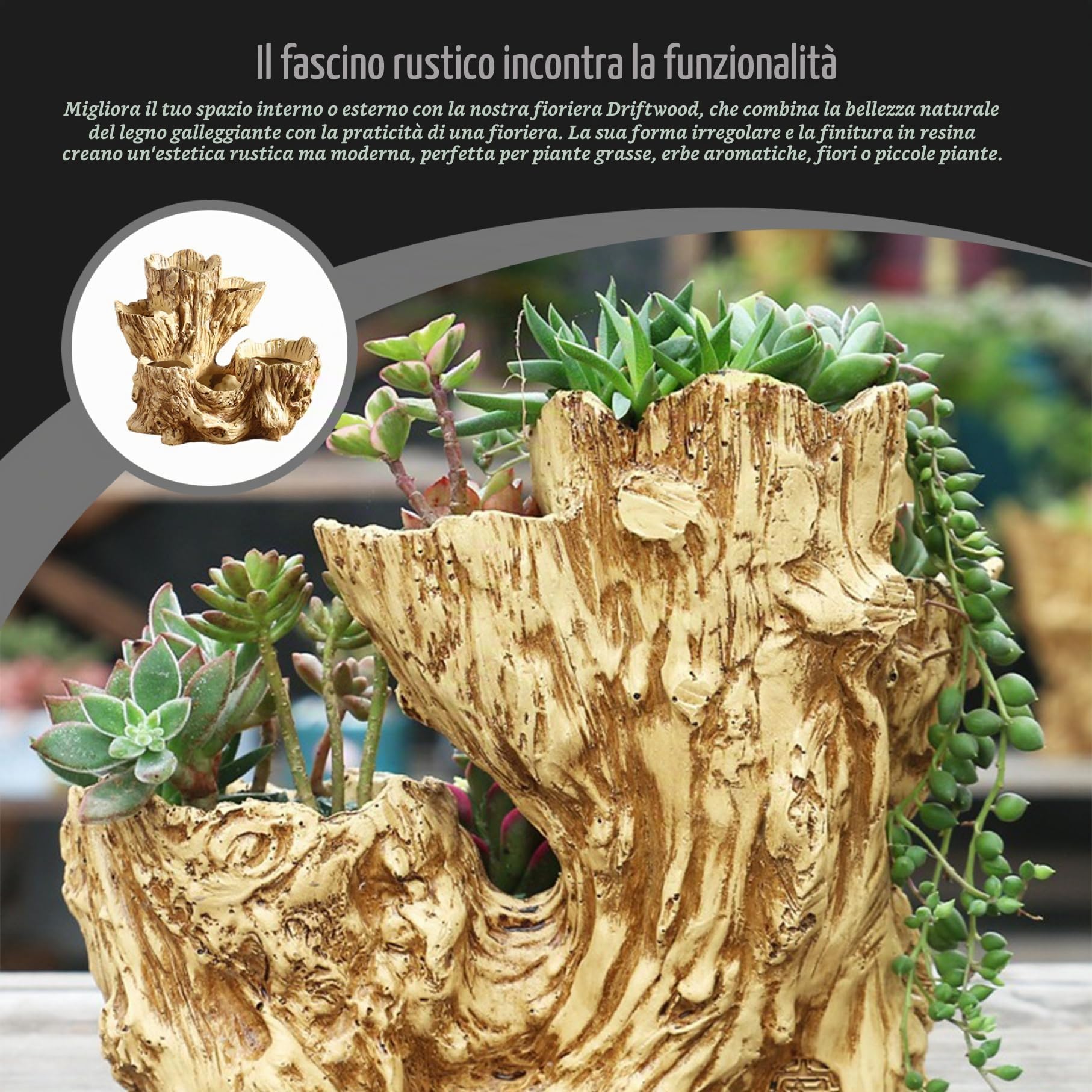 Fioriera in legni, vaso per tronchi d'albero in resina con fori di drenaggio, fioriera rustica per interni ed esterni per piante grasse, cactus, piccole piante, decorazioni per la casa, uso domestico
