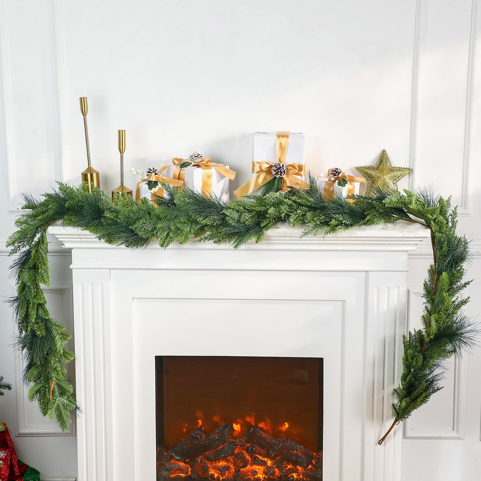 9 ft Artificial Pine Garland Christmas Garlands Mixed Norfolk Cypress Pine Garland Real Xmas Greenery Garland for Holiday Winter Table Mantle Wall Indoor Outdoor Decorations