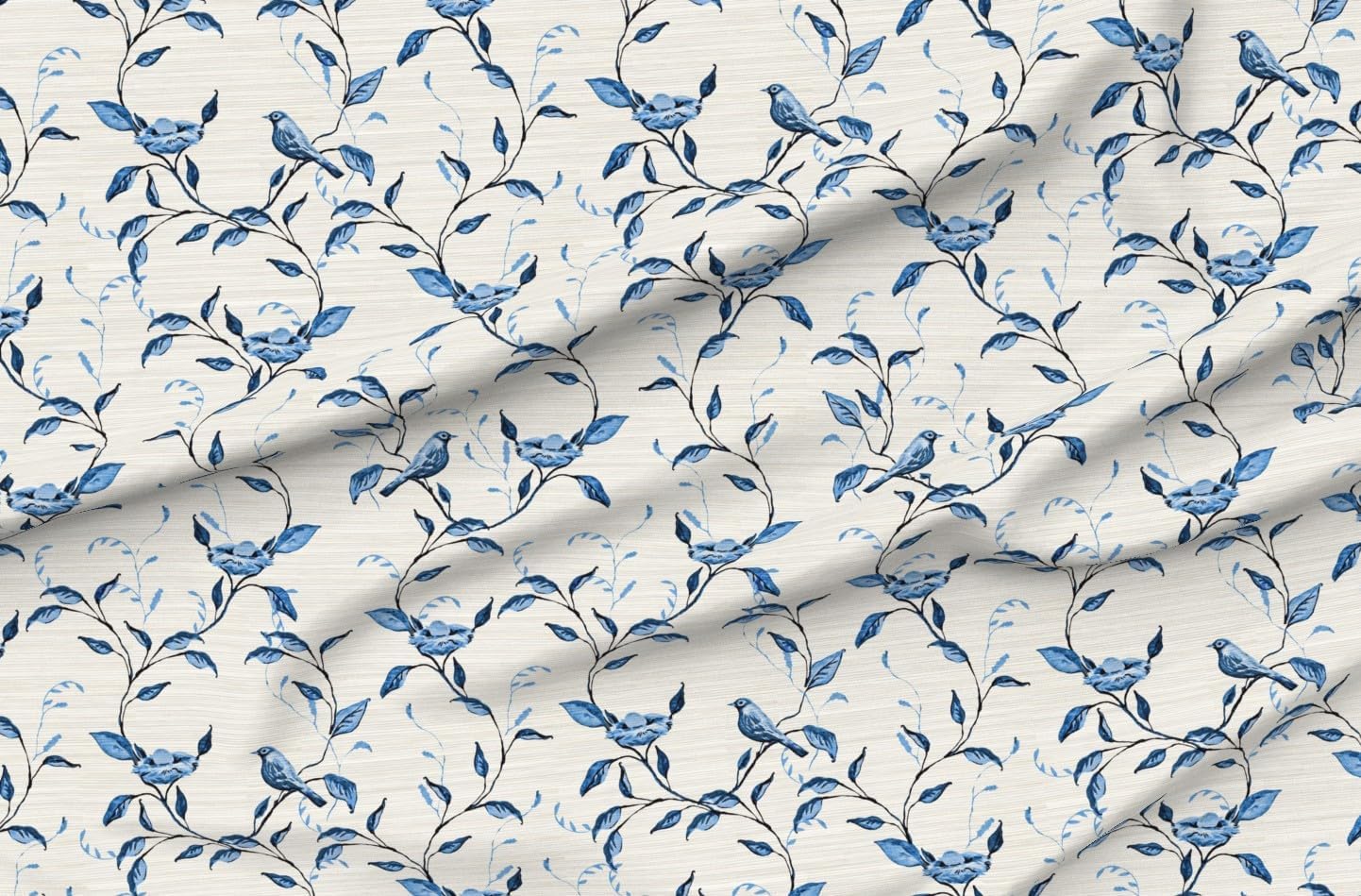 Spoonflower Fabric - Bird Chinoiserie Birds On Branches Blue Beige Weathered Distressed Printed on Petal Cotton Fabric Fat Quarter - Sewing Quilting Apparel Crafts Decor