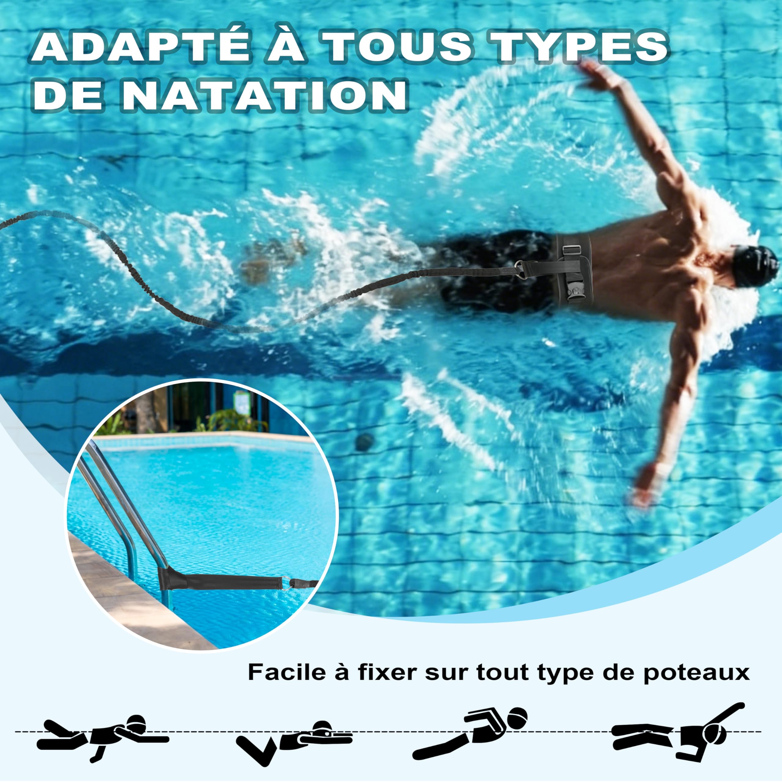 Boosteady Ceinture de Natation Réglable Large et Épaisse: Accessoire Piscine Ceinture de Flottaison 4M aux Adultes et Adolescents, Elastique de Nage Piscine pour Nage Contre Courant