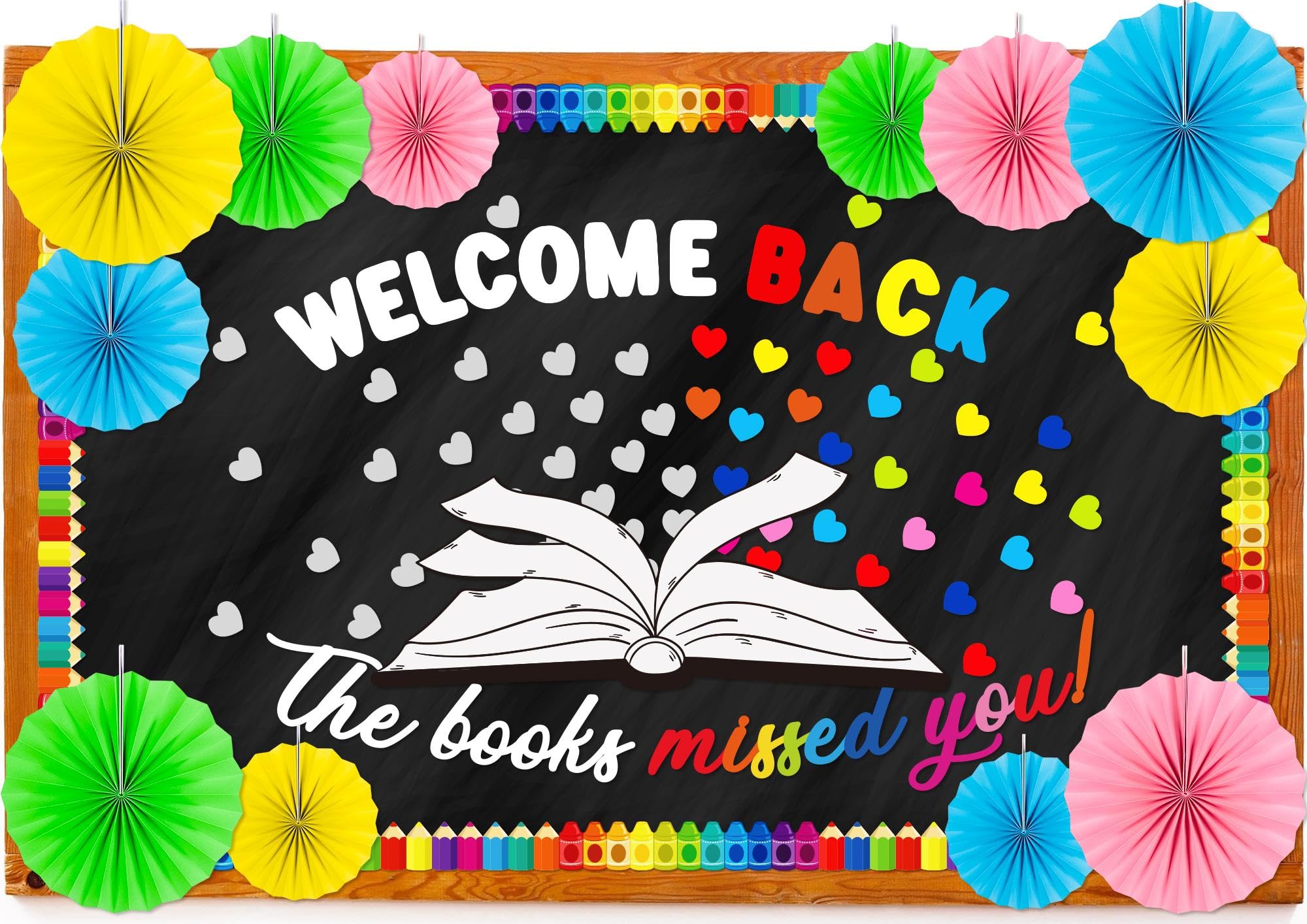 Welcome Back to School Bulletin Board Decorations The Books Missed You Colorful Hearts Paper Fans Cutouts Classroom Library Decor