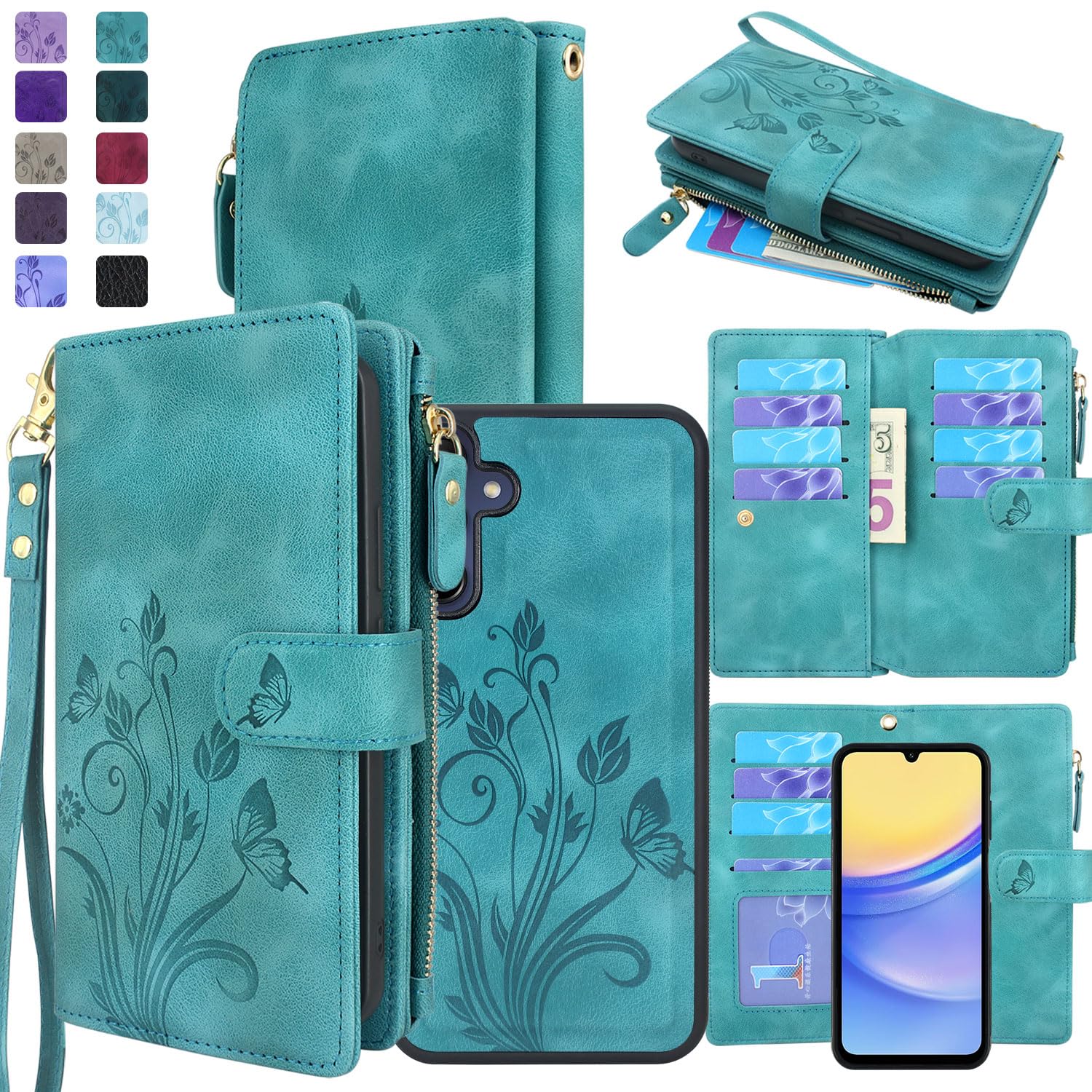 Lacass Case Wallet for Samsung Galaxy A15 5G, [12 Card Slots] ID Credit Cash Holder Zipper Pocket Detachable Leather Wallet Cover with Wrist Strap Lanyard?Floral Blue Green?