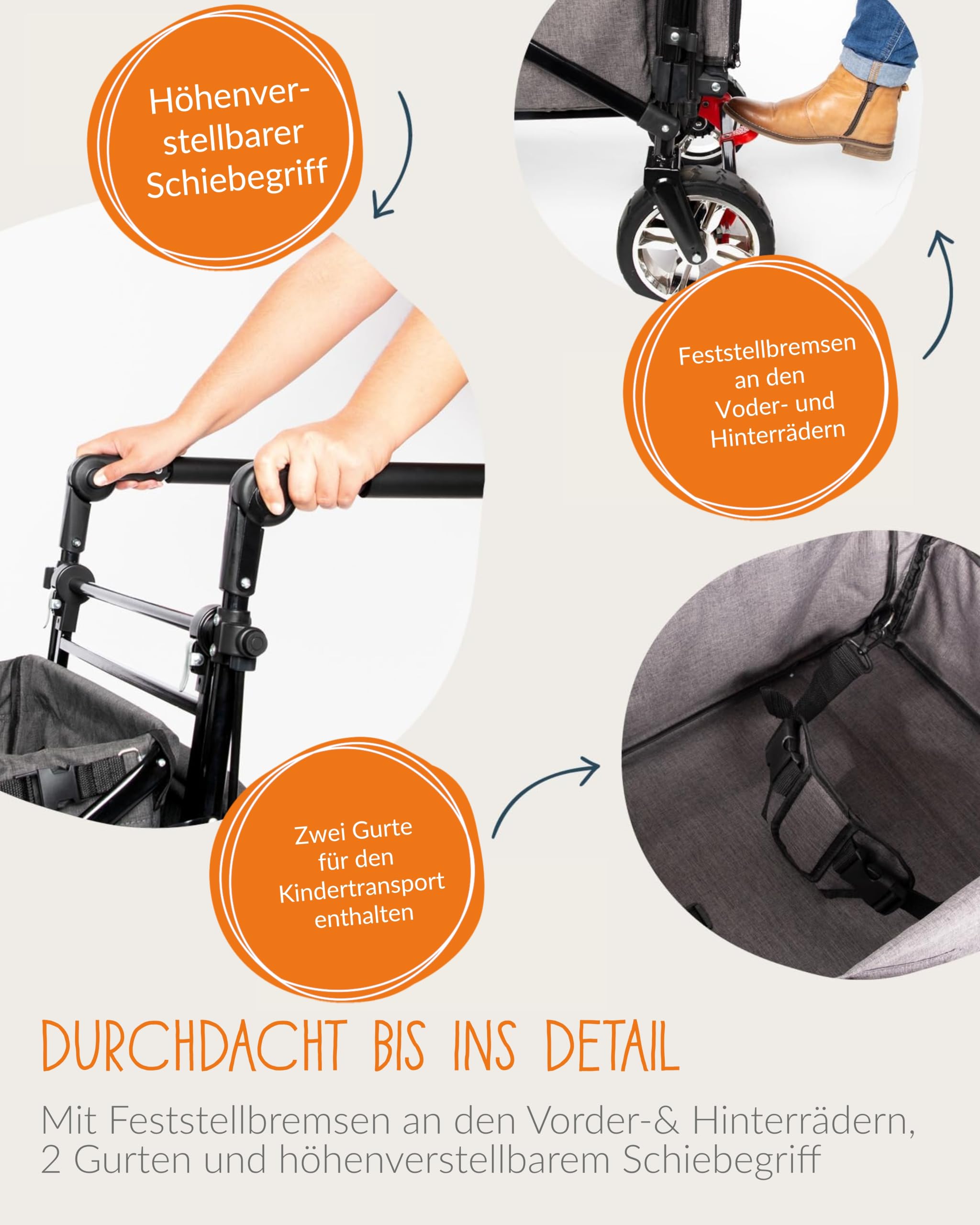 PINOLINO AddPlus Bollerwagen faltbar mit Bremse – Transportwagen mit Schutzhülle, höhenverstellbarer Schiebegriff, All-Terrain PU-Reifen, Stahlachsen, 80 kg Tragkraft, Ladefläche 120×56×67 cm, grau
