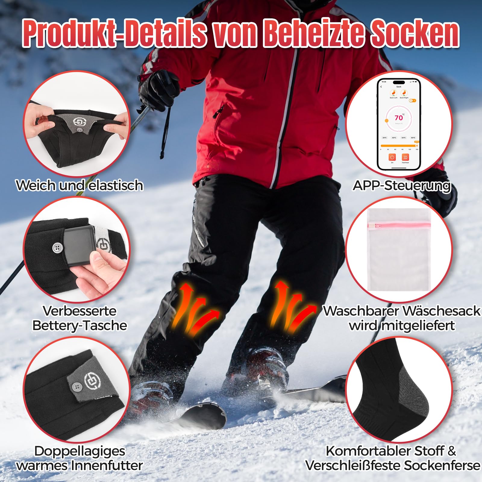 Beheizbare Socken 5v 8000mAh Wiederaufladbare Fußwärmer Warme Socken Damen Herren APP-Steuerung Beheizte Socken 4 Temperatur Heizsocken Skisocken für Outdoor Skifahren Wandern Winter Camping