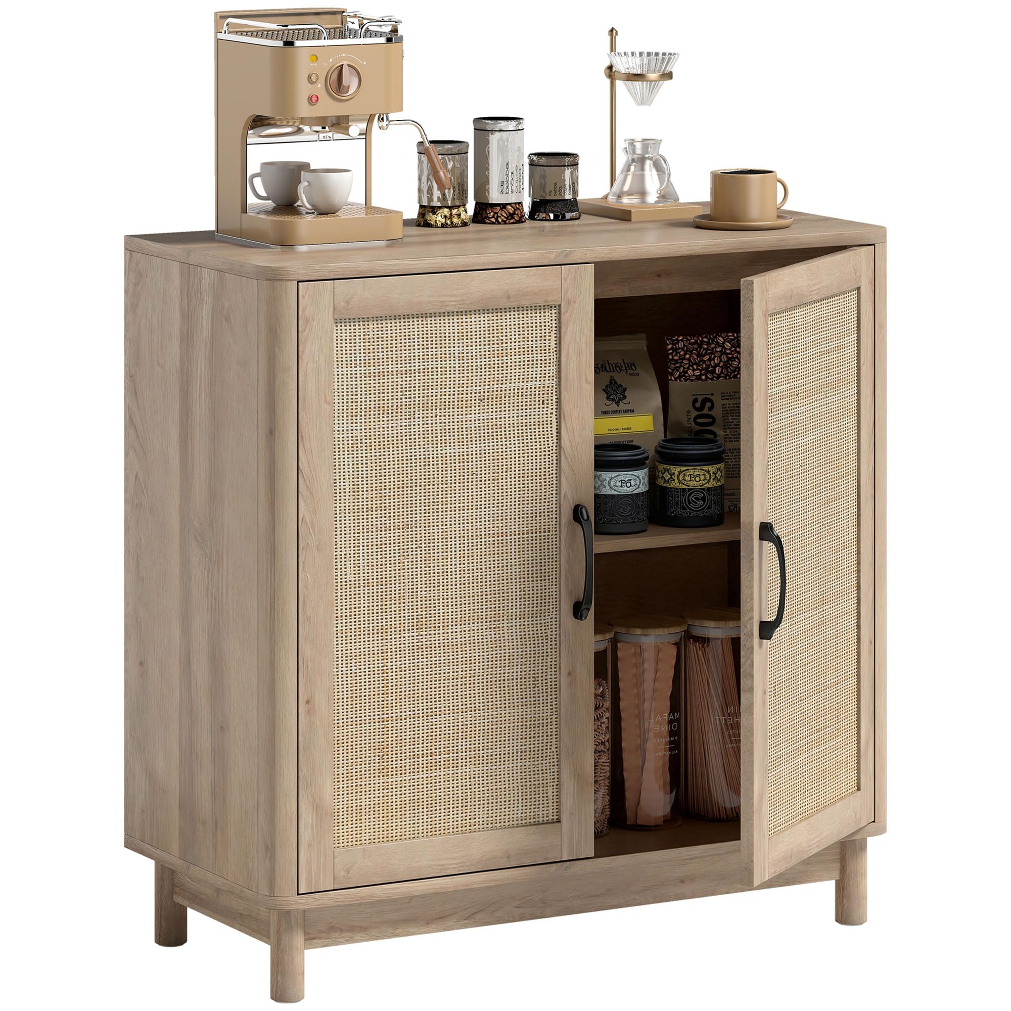 HOMCOM Aparador Salón 2 Puertas de Ratán Estilo Bohemio 76 x 35 x 75,5 cm Roble | Mueble de almacenamiento, estante ajustable, bordes redondeados, aparador, comedor y cocina