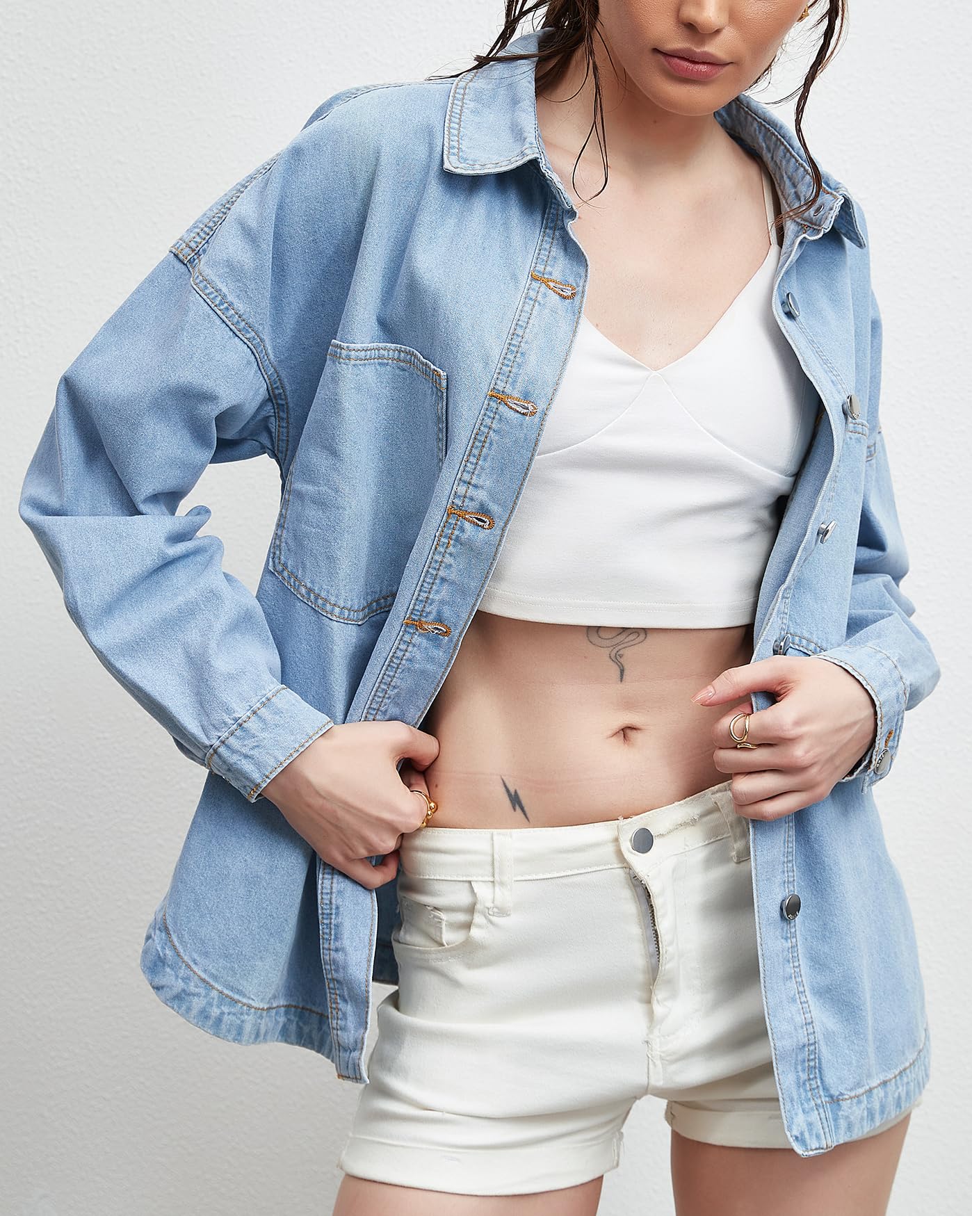 CYLADY Camicia da donna in denim a maniche lunghe oversize boyfriend jean giacca shacket trendy button down camicia