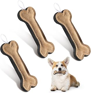 3 Pieces Leather Dog Toy Bone Toy Dog Tug Toy Interactive Dog Toys with Strong Rope Handle for Aggressive Chewers Puppy Teething, 6 Inch