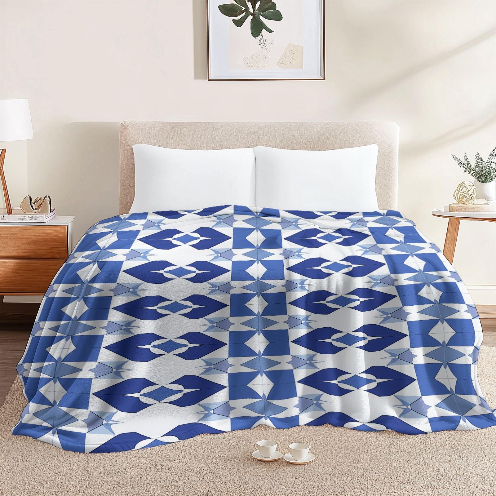 Manta Polar con Estampado Geométrico Azul, Minimalist para Sofá de Microfibra Manta de Felpa Suave Manta de Cama o de Sala de Estar 180x200 cm