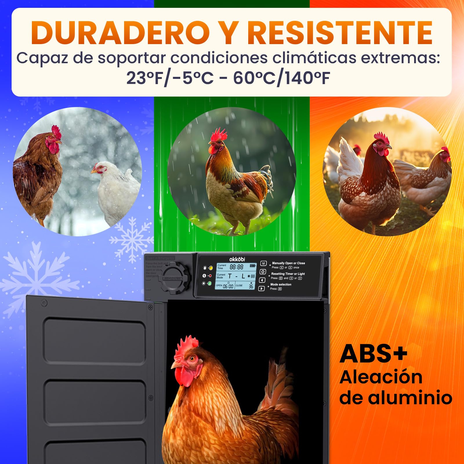 Puerta Gallinero Automatica Solar - Pro Version - Puerta Automatica Gallinero con Mando a Distancia, Sensor de luz y Temporizador - Seguridad: Función Anti-pellizco - Pantalla LCD - 5 años protección