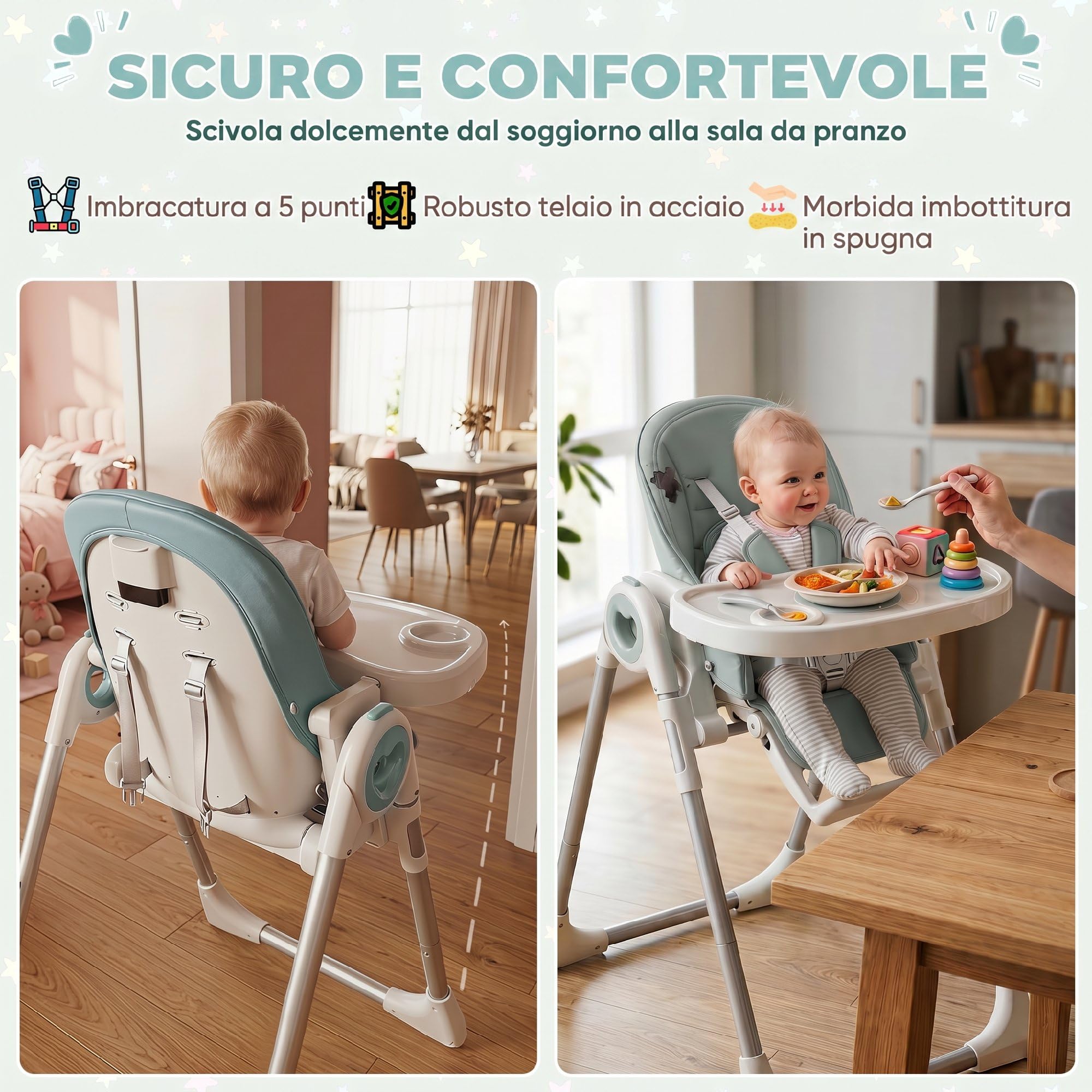 AIYAPLAY Seggiolone Pappa Evolutivo Bambini Pieghevole, 6-36Mesi/15kg Verde | Reclinabile, Altezza e Poggiapiedi Regolabile, Doppi Vassoio Lavabile e Regolabili, Ruote, Cintura 5 Punti