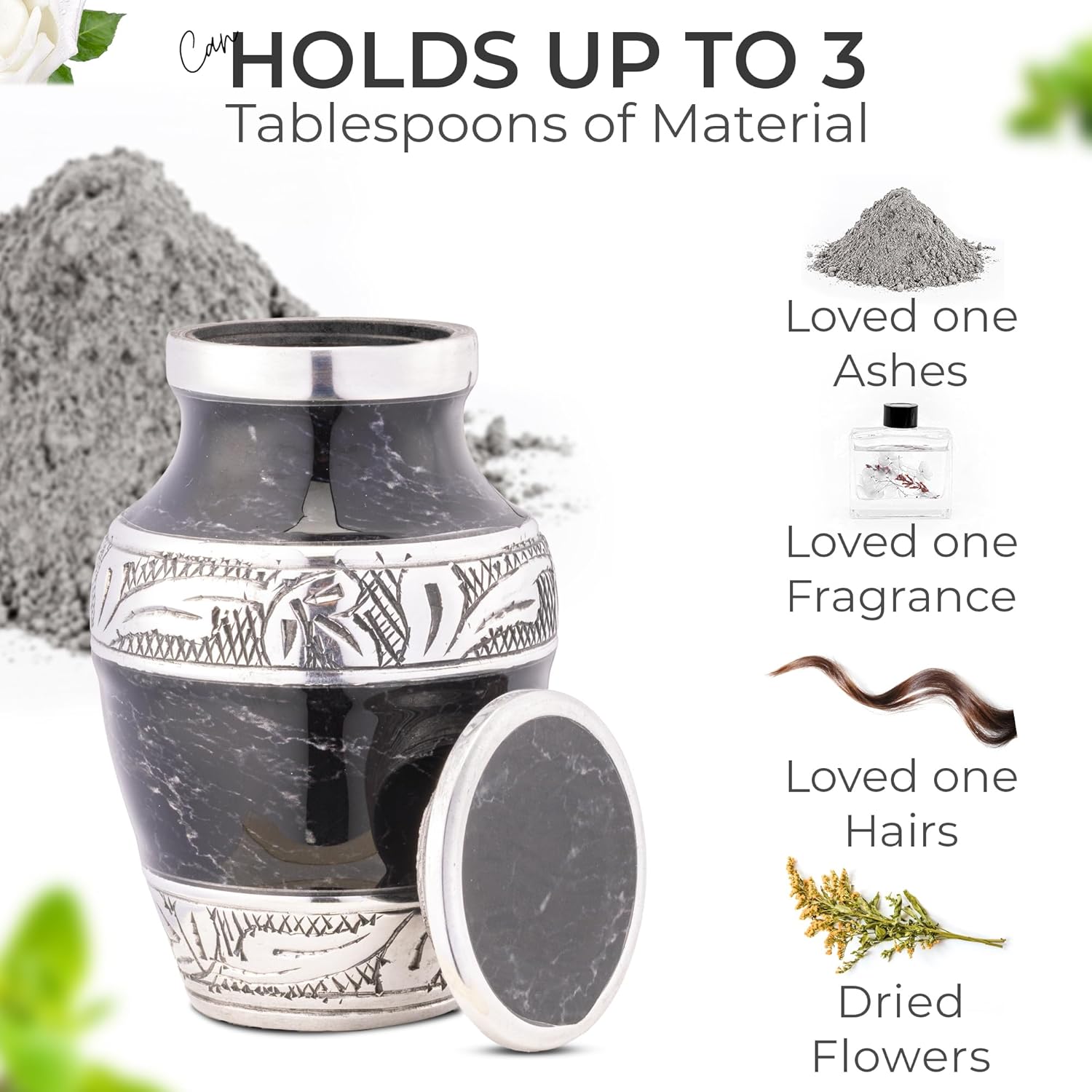 Set of 1 Small Marbled Keepsake Urn for Human Ashes - Mini Cremation Urn with Hand Engraved Floral Design, 3 Inch (Black)