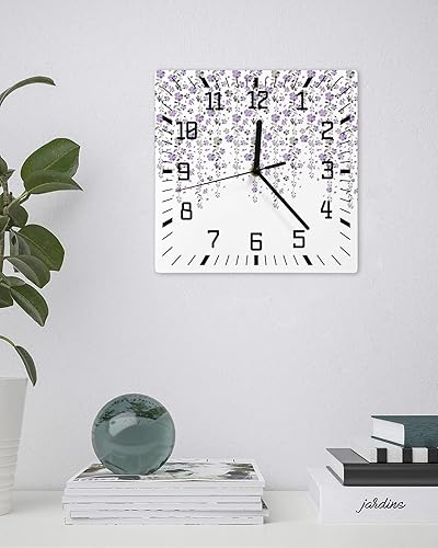 Miniatura 3 de Wepping Florals Wooden Wall Clock Silent Non Ticking, Spring Purple Flowers Square Wall Clock Battery Operated, Decor Clock for Home Office, Living