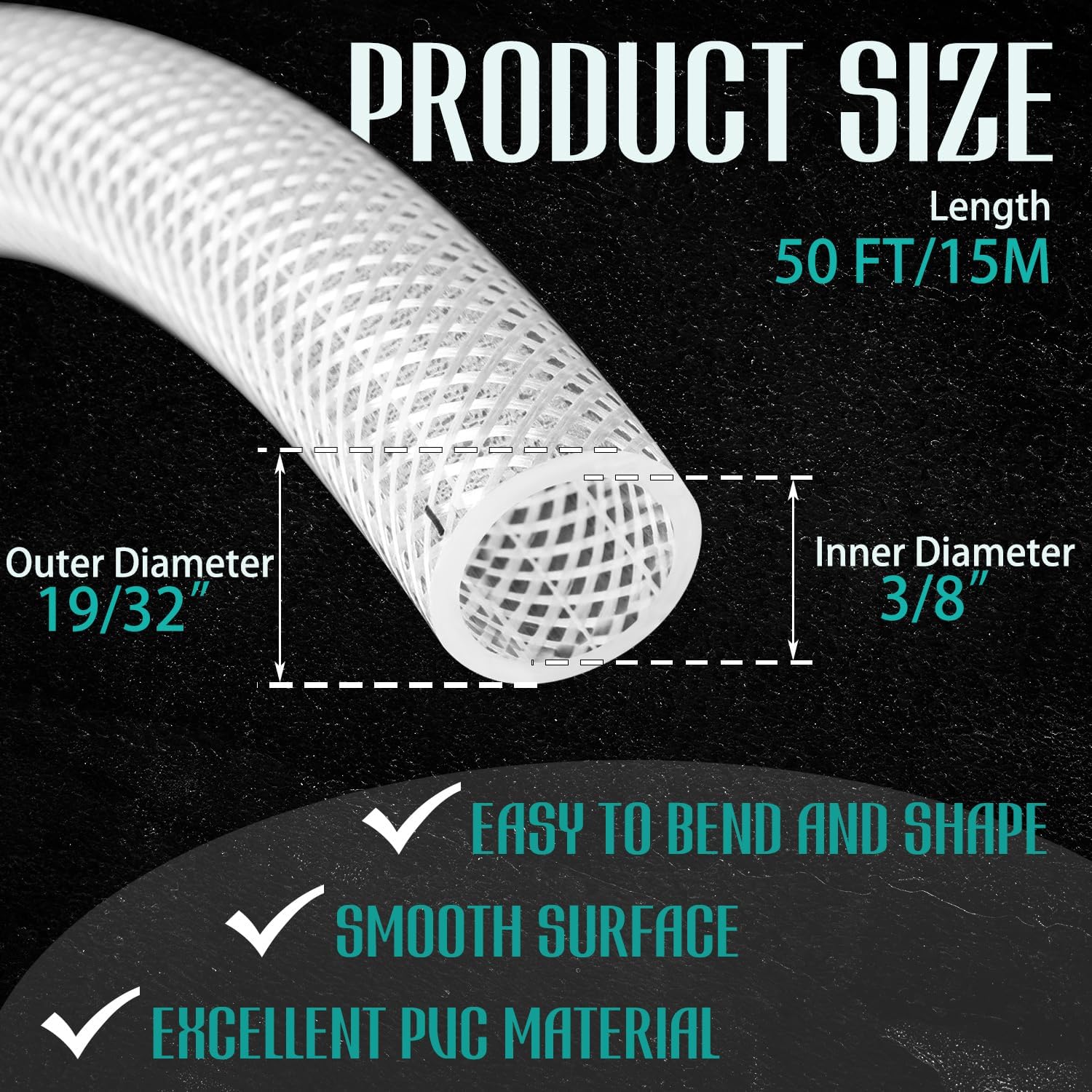 3/8" ID x 19/32" Od x 50 ft Braided PVC Tubing Reinforced Clear Vinyl Hose, Heavy Duty Flexible High Pressure PVC Braided Hose for Water Home Garden Aquarium Washing